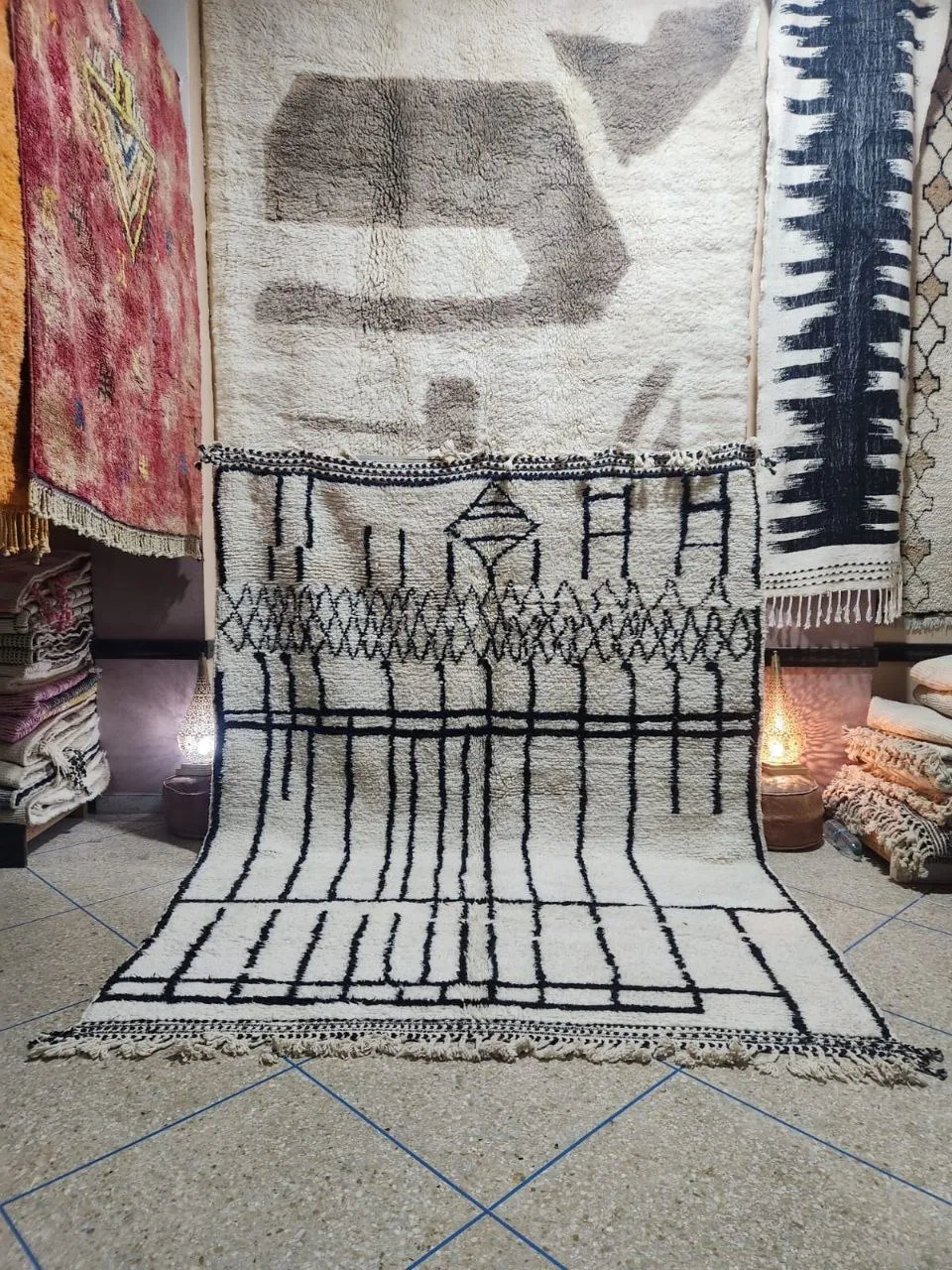 Ivory Beni Ourain rug with black architectural tribal geometric motifs