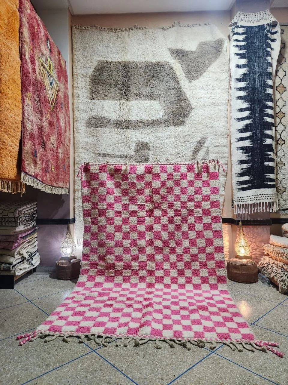 Rose pink and ivory checkerboard Azilal rug