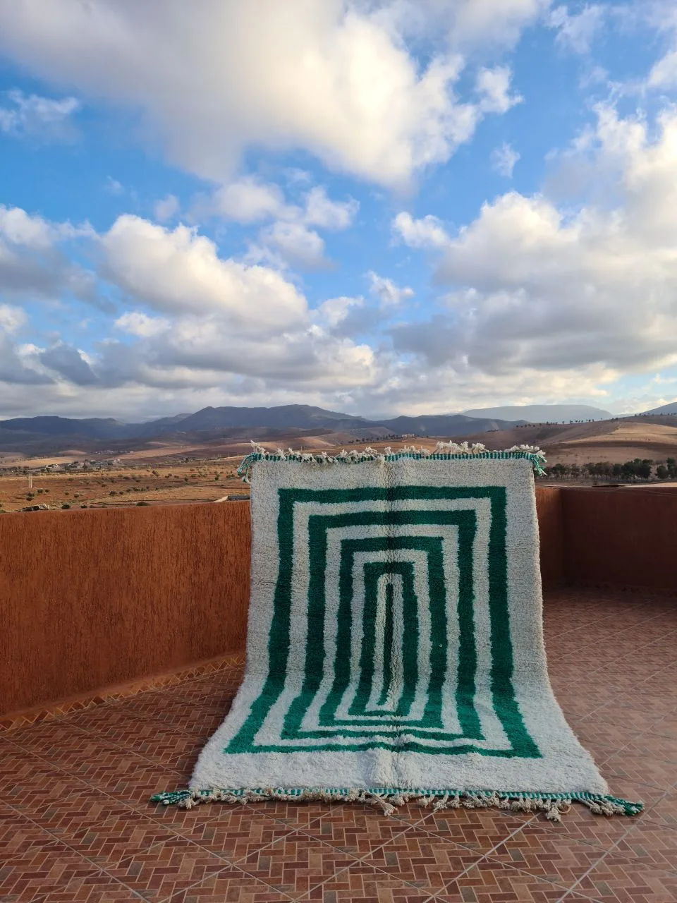 Handwoven green Moroccan rug displayed on a rooftop terrace with the Atlas Mountains behind