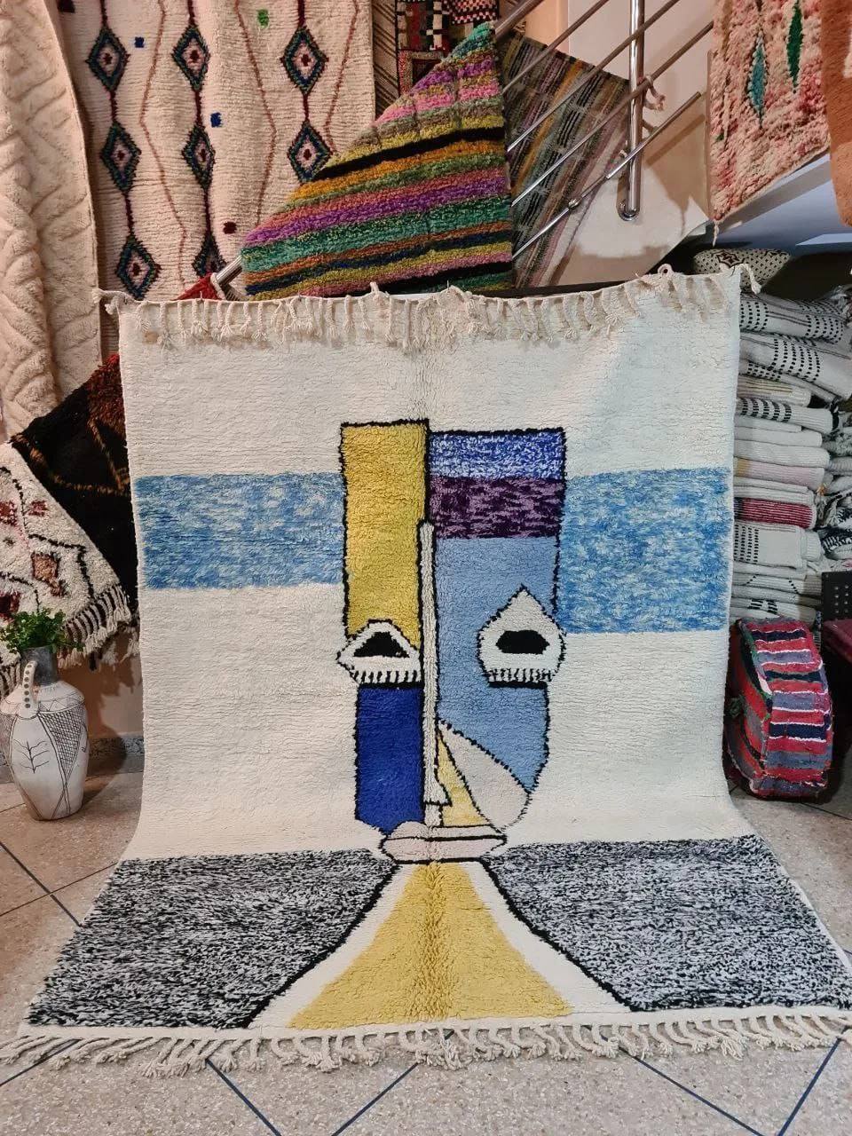 Contemporary Moroccan rug with abstract Picasso-inspired face motif