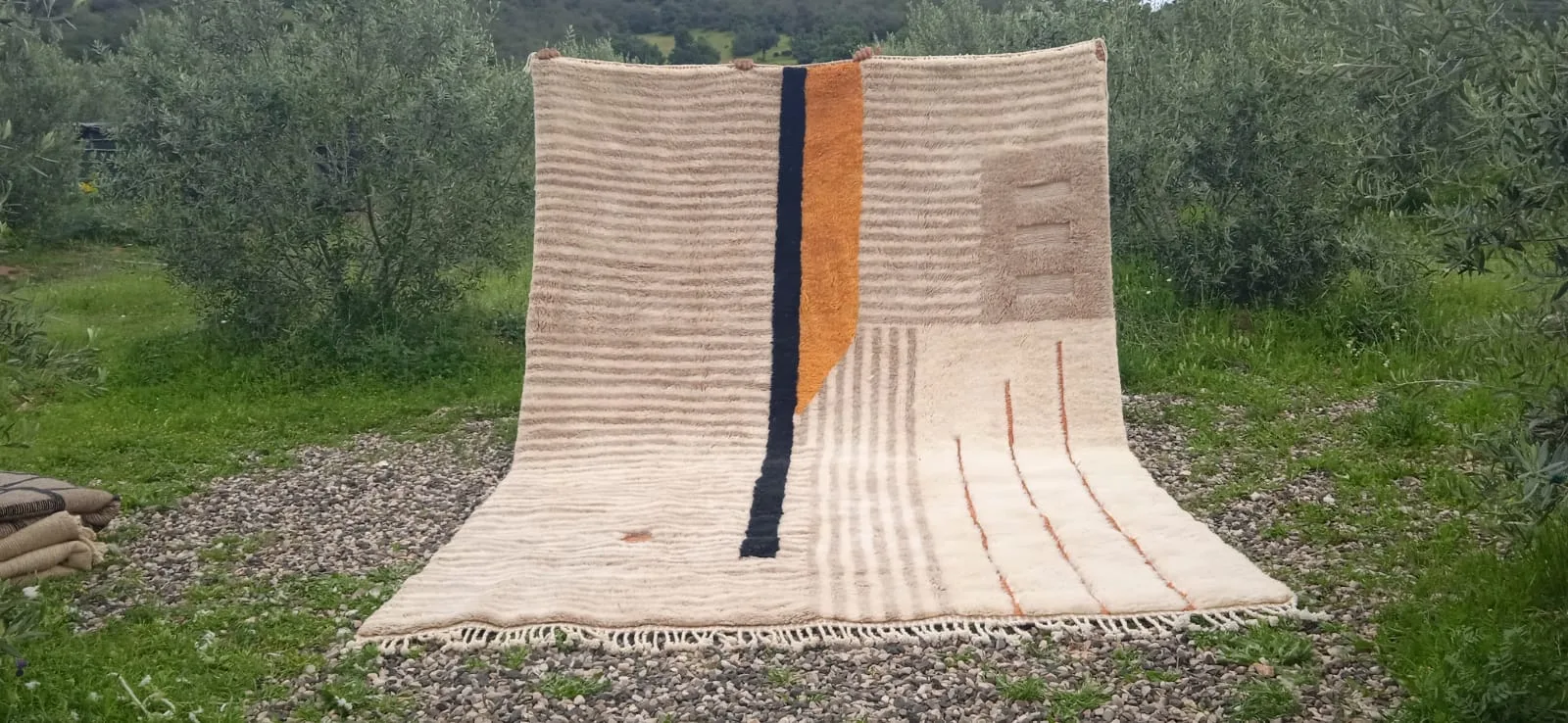 Handwoven Moroccan rug laid flat in an olive grove, Atlas region, Morocco