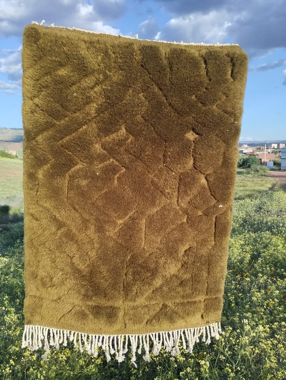 Solid olive-gold high-pile Moroccan shag rug with tonal diamond quilting texture