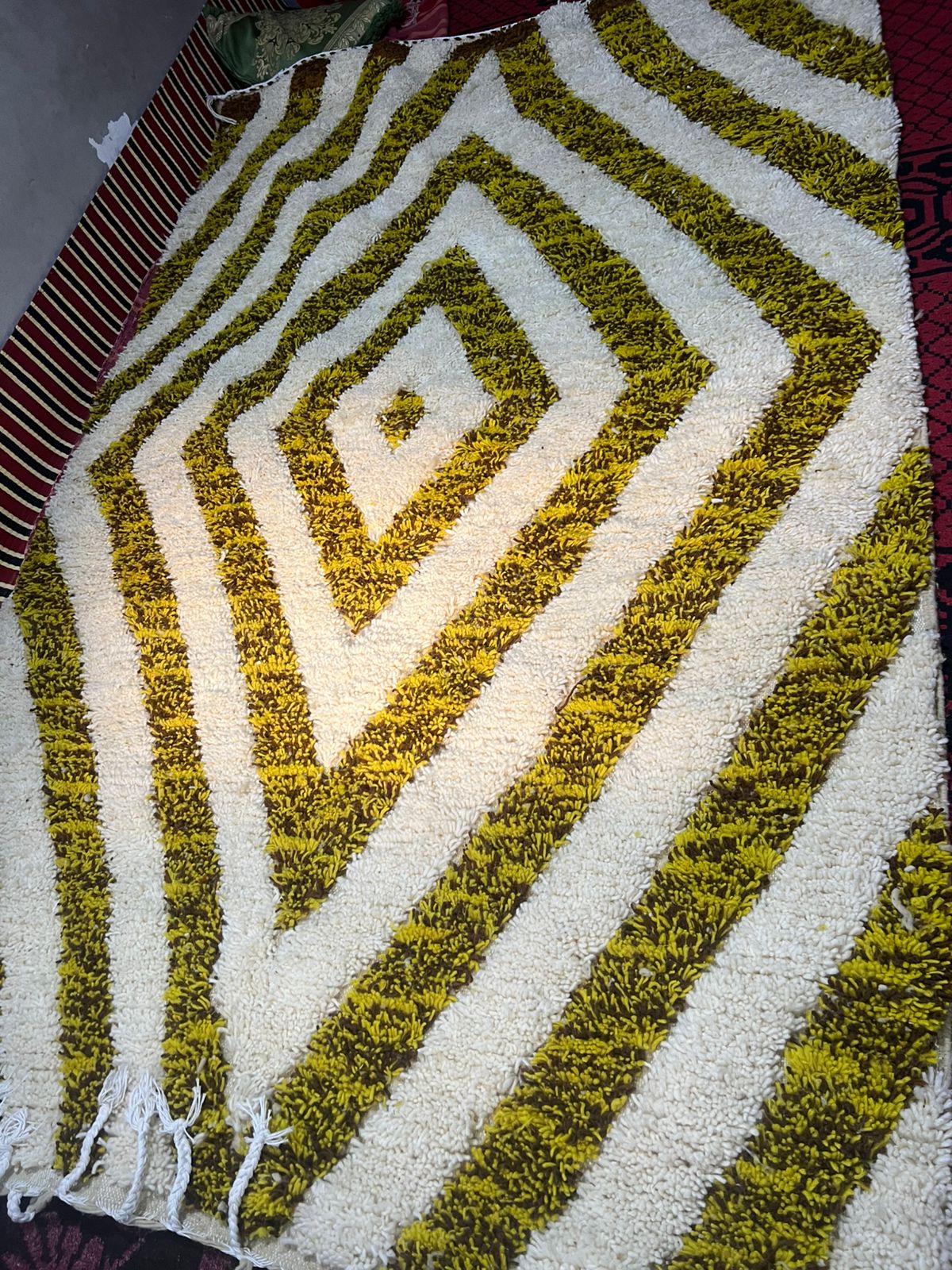 Beni Ourain in olive green and ivory with bold concentric diamond pattern