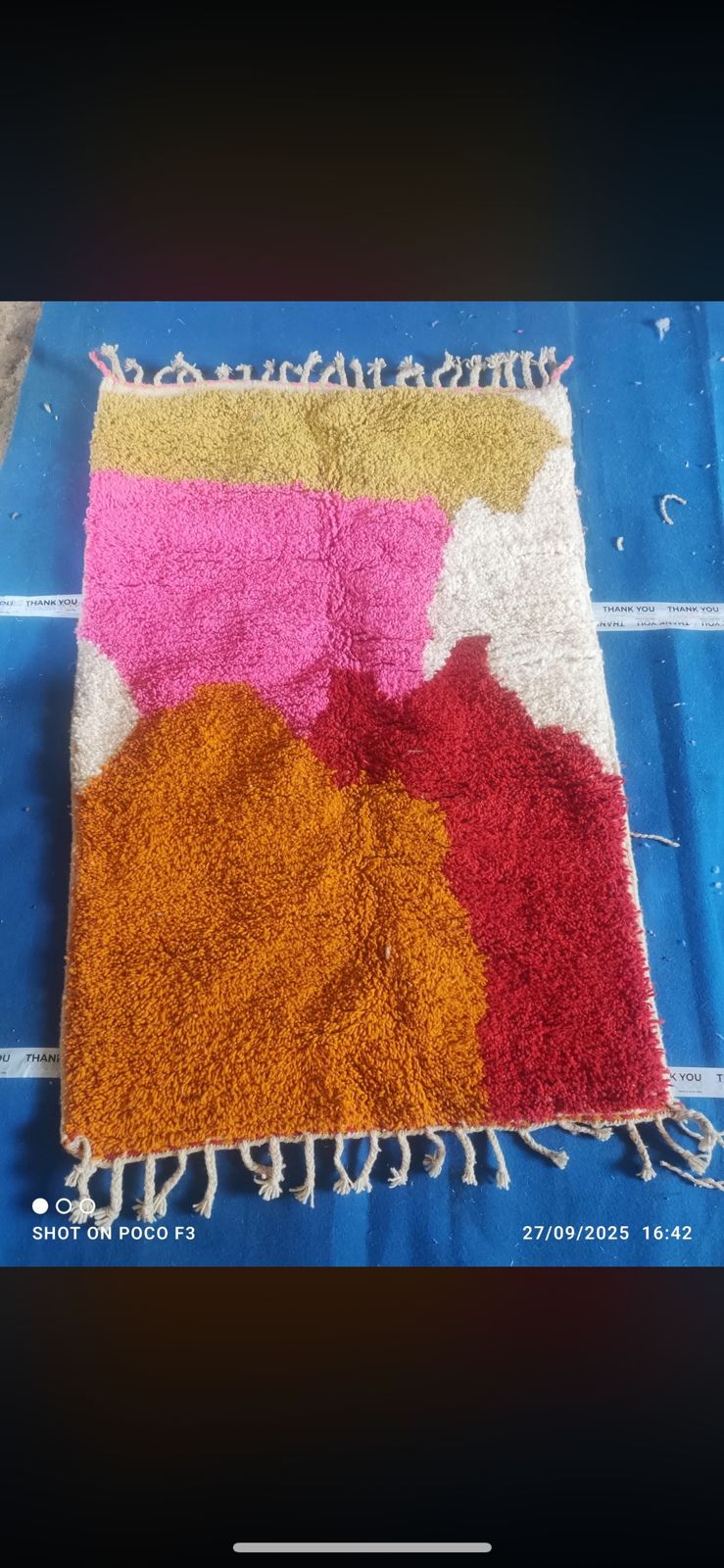 Contemporary Moroccan rug in bold colour-block sections of olive, hot pink, red and orange