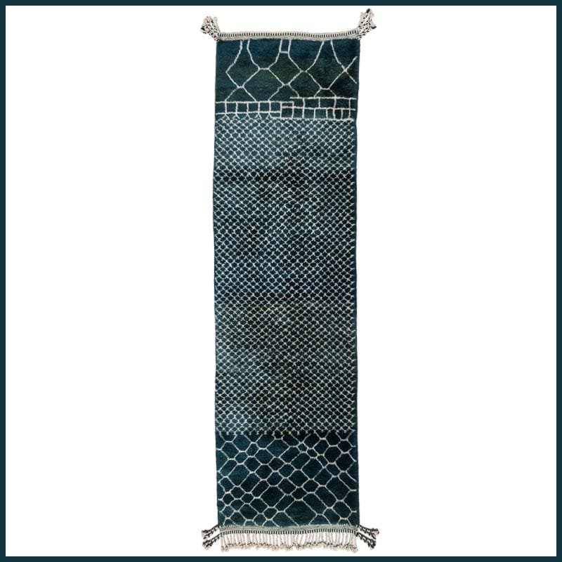 Dark teal Mrirt runner with ivory diamond lattice pattern, high pile
