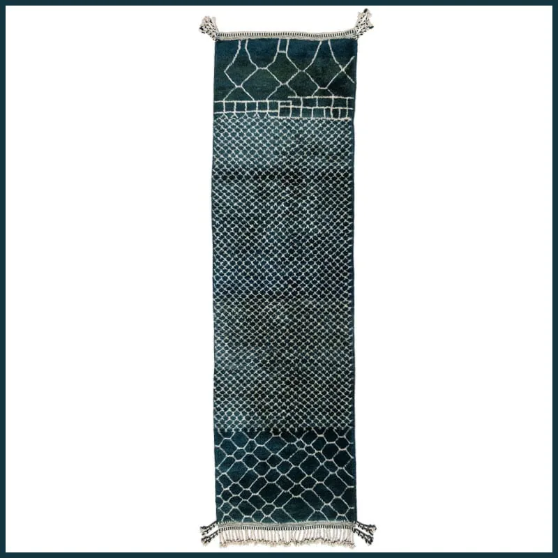 Dark teal Mrirt runner with ivory diamond lattice in a hallway