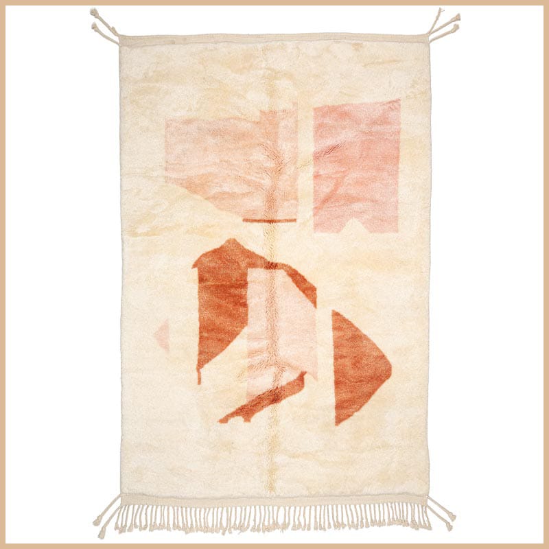 Contemporary hand-knotted rug in ivory with bold blush pink and terracotta abstract shapes