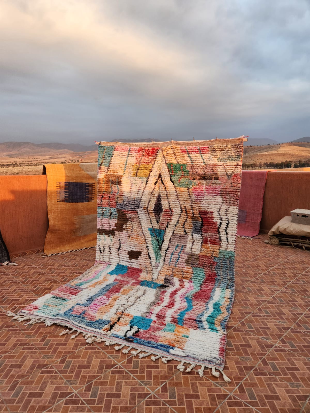 Large vintage Boujaad rug with bold central diamond composition in full spectrum of colour
