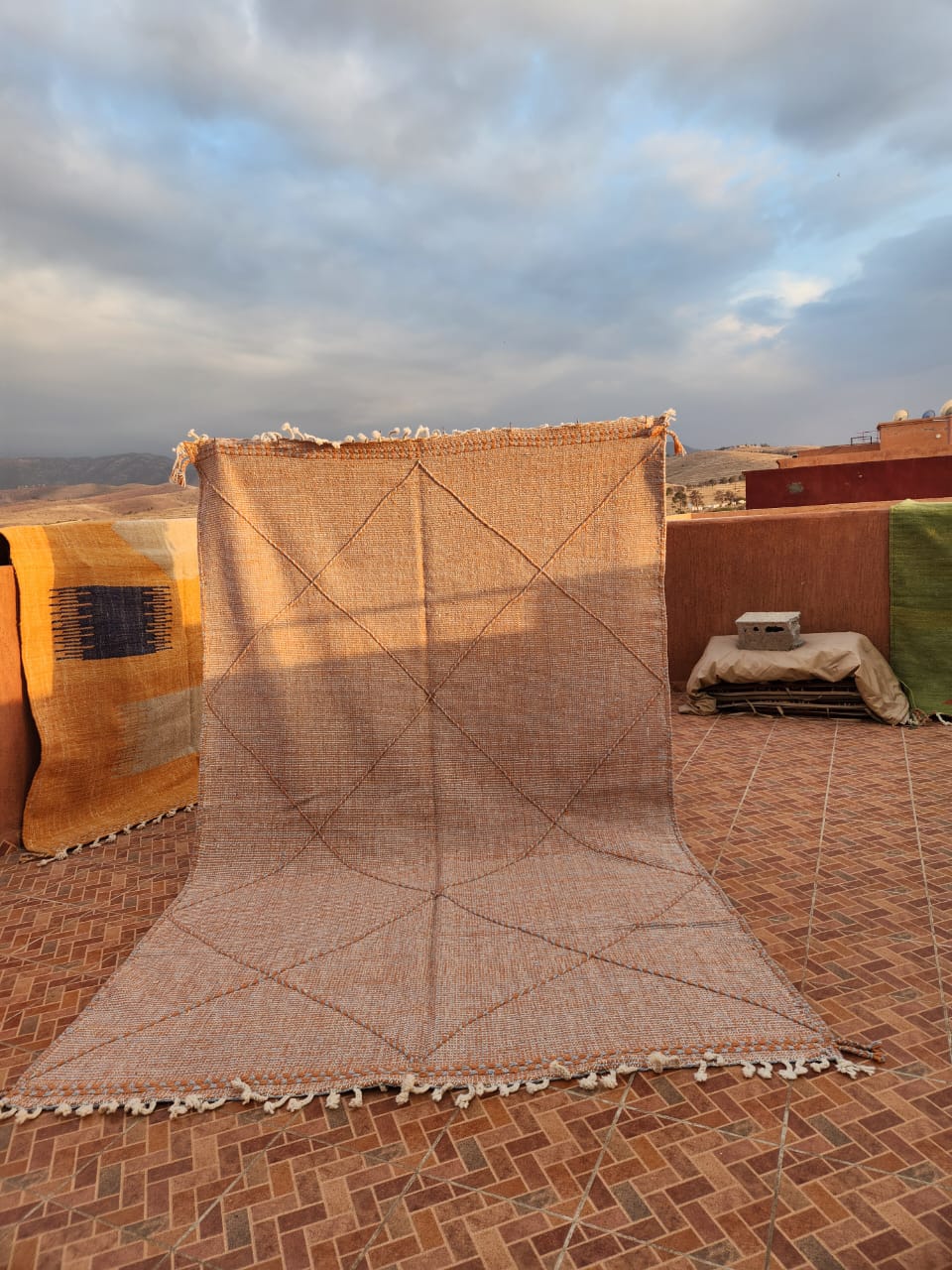 Natural tone flat-woven Kilim in camel, sand and brown with diamond lattice pattern