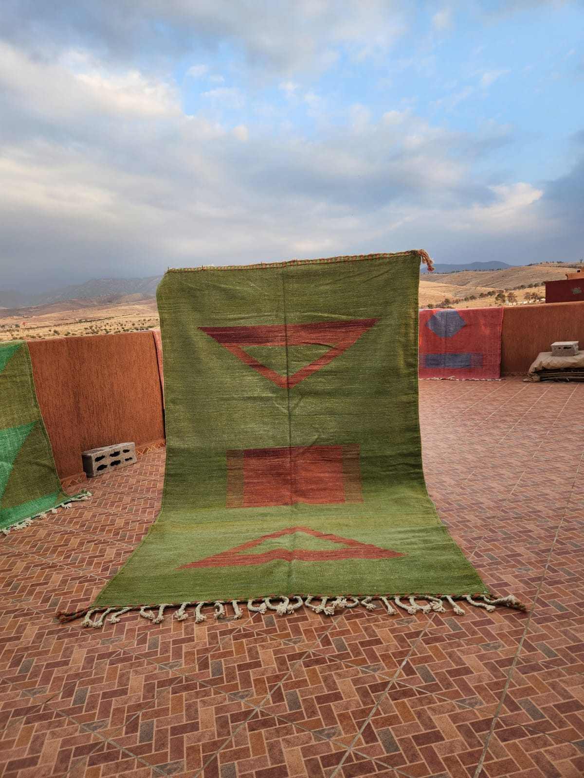 Flat-woven Kilim in vivid red and forest green with ivory geometric check pattern