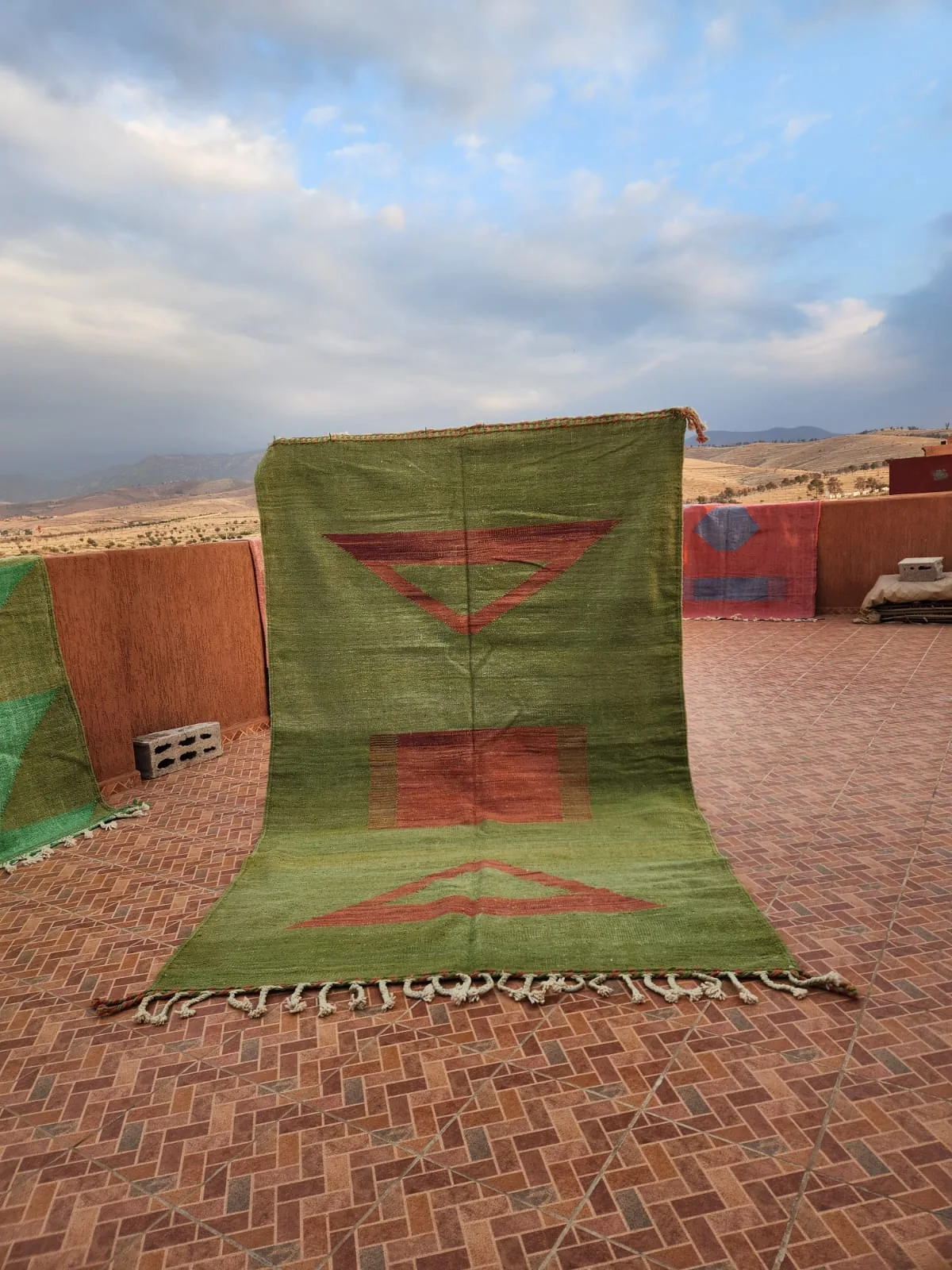 Flat-woven Kilim in vivid red and forest green with ivory geometric check
