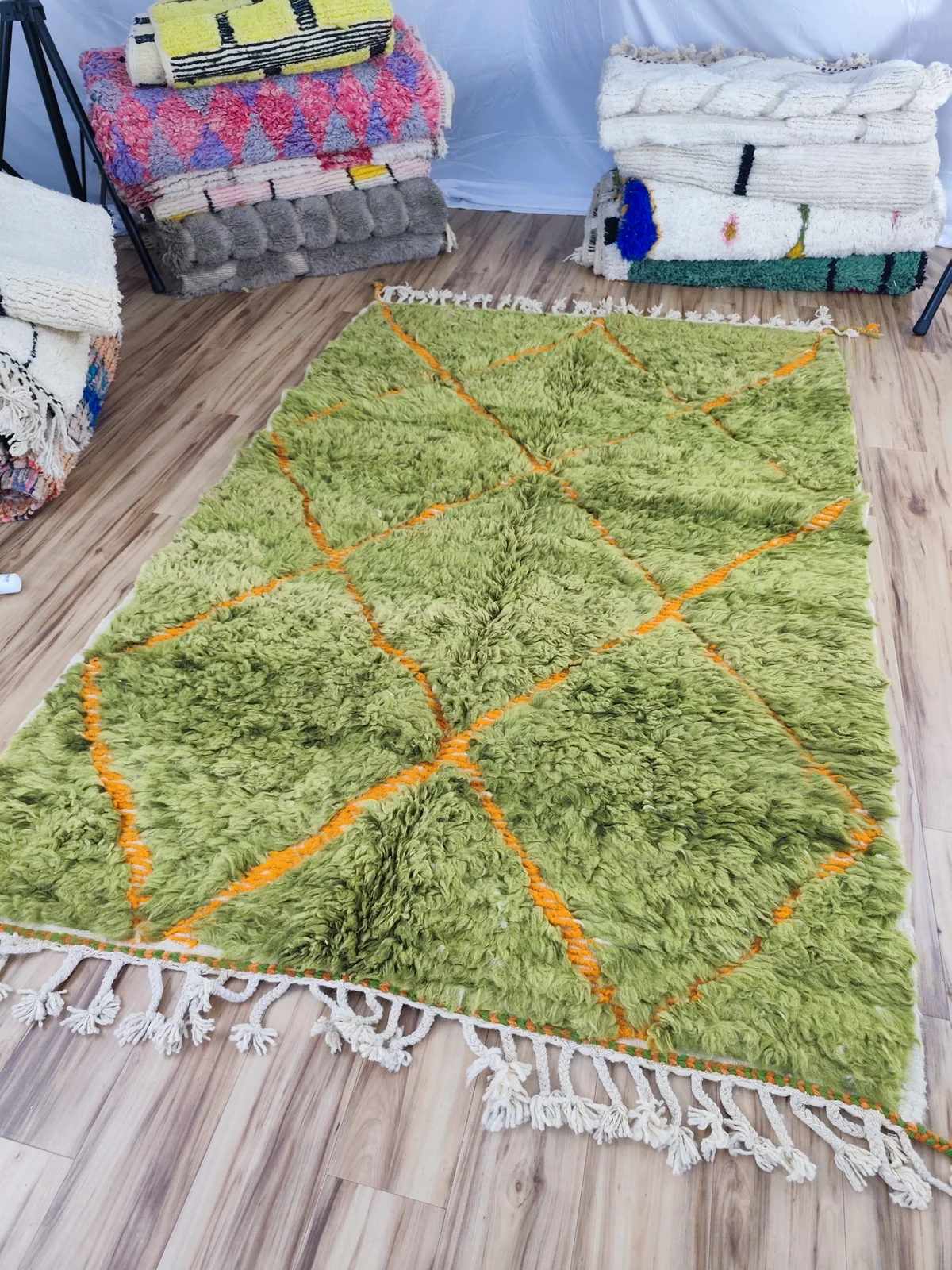 Malak — Beni Ourain Moroccan Rug, hung in studio