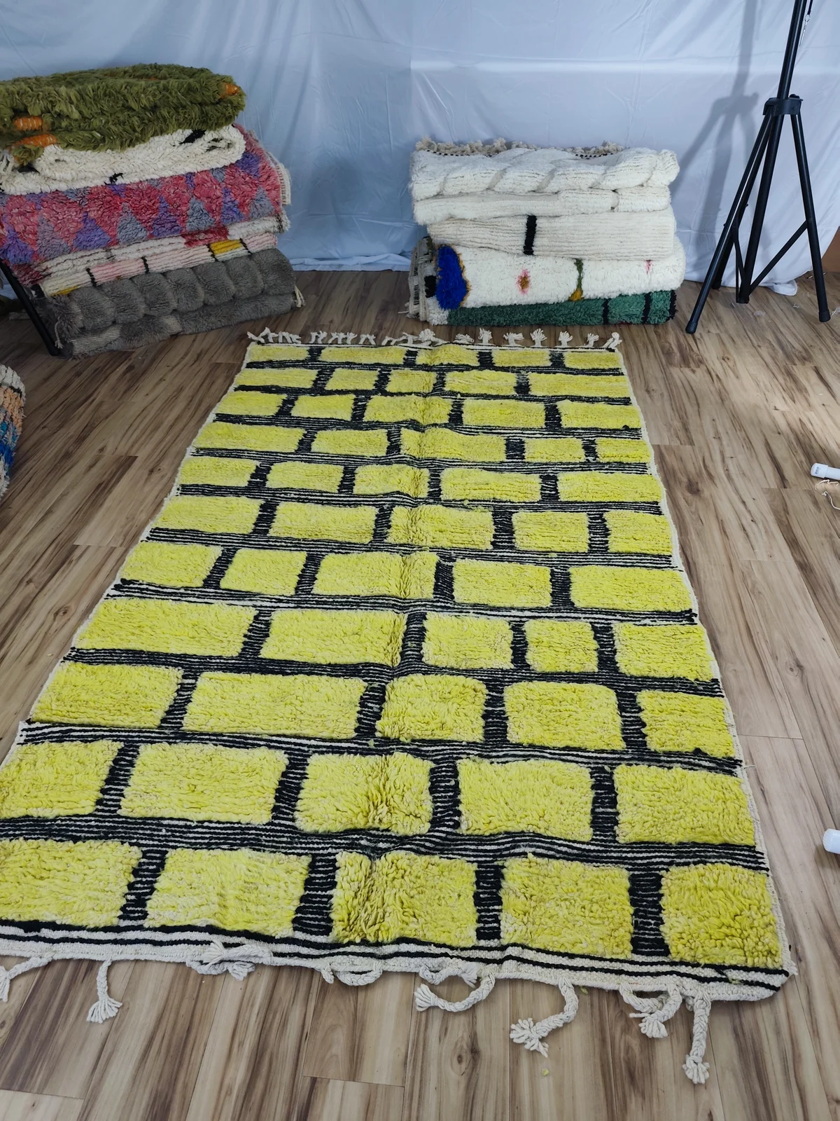 Sanaa — Kilim Moroccan Rug, hung in studio