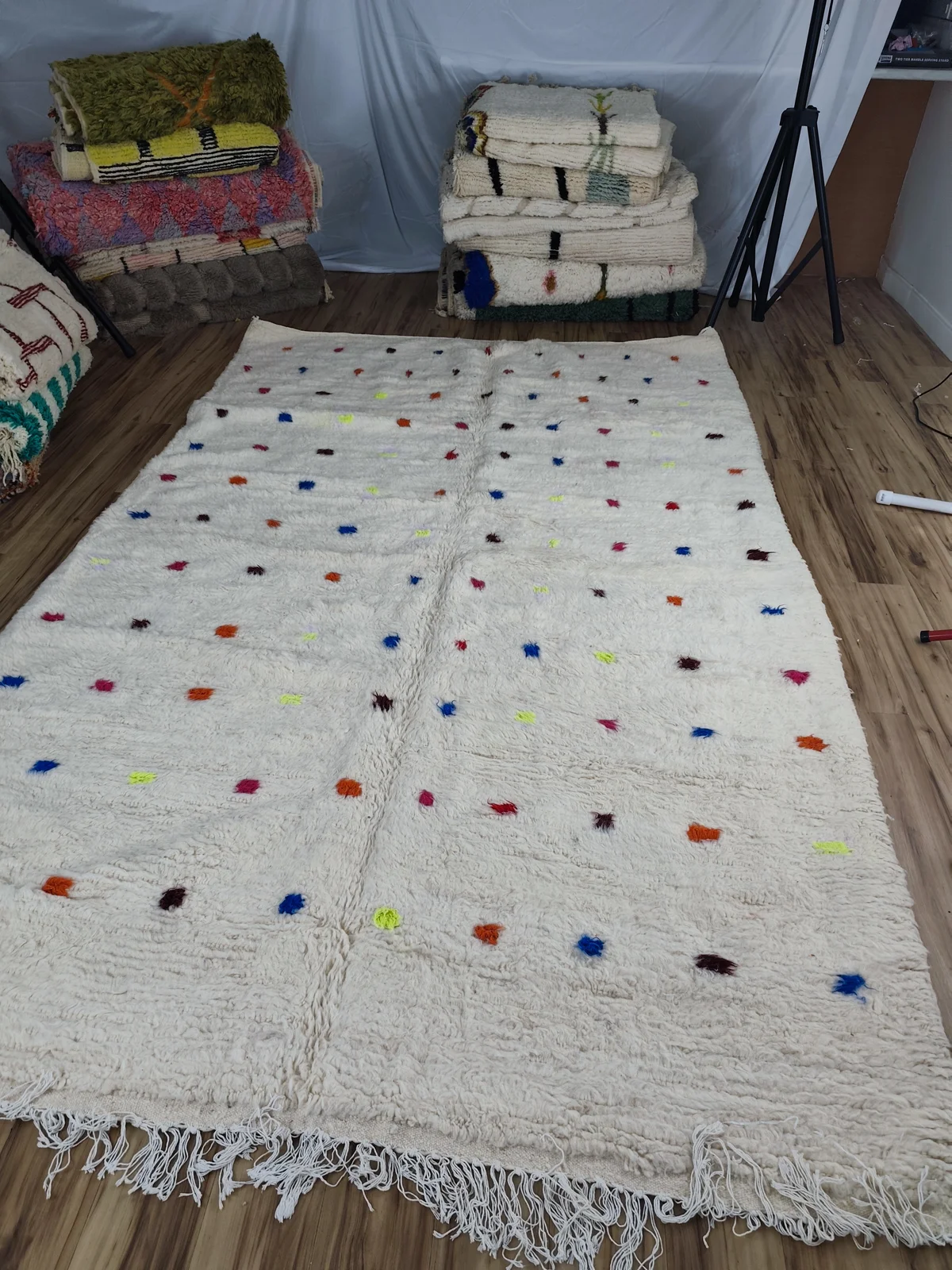 Sabrine — Contemporary Moroccan Rug, hung in studio