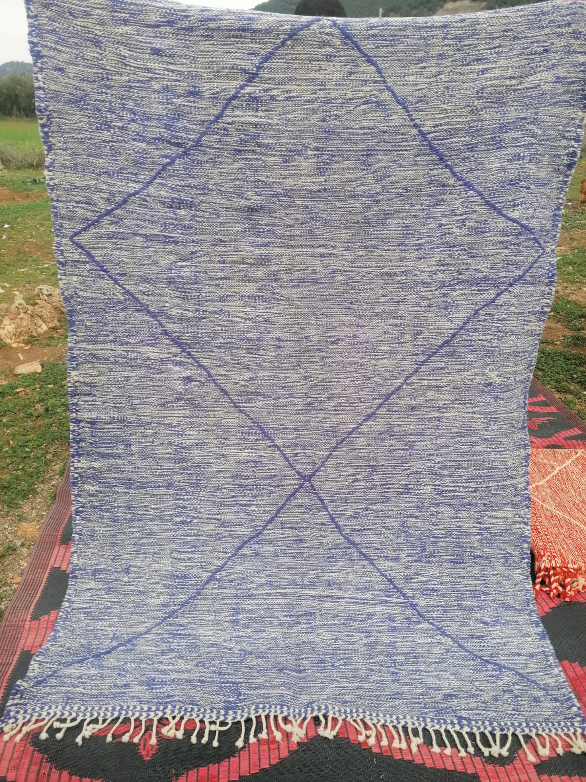 Blue-grey flat-woven kilim with large diamond lozenge