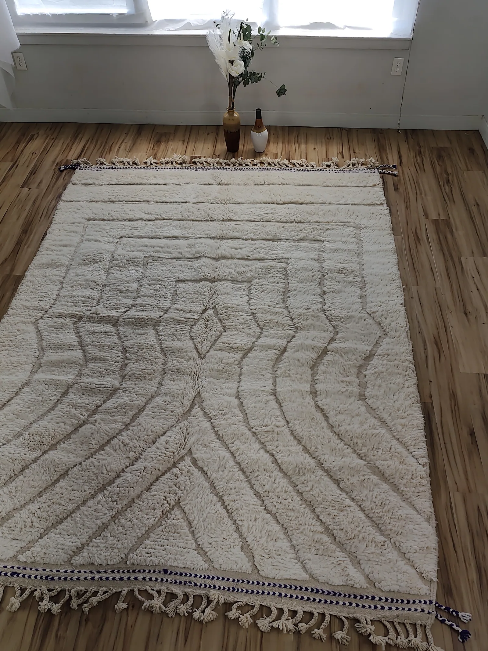 Ivory Beni Ourain rug with carved radiating chevron pattern
