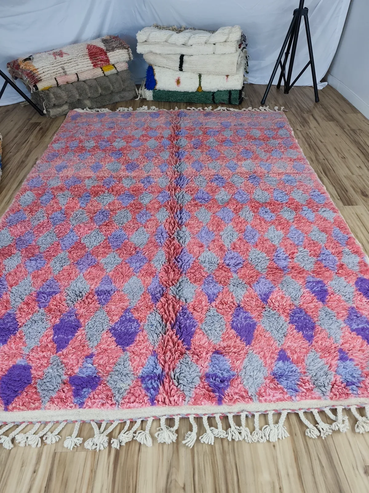 Beni Ourain rug with dusty pink, grey and purple diamond checkerboard pattern