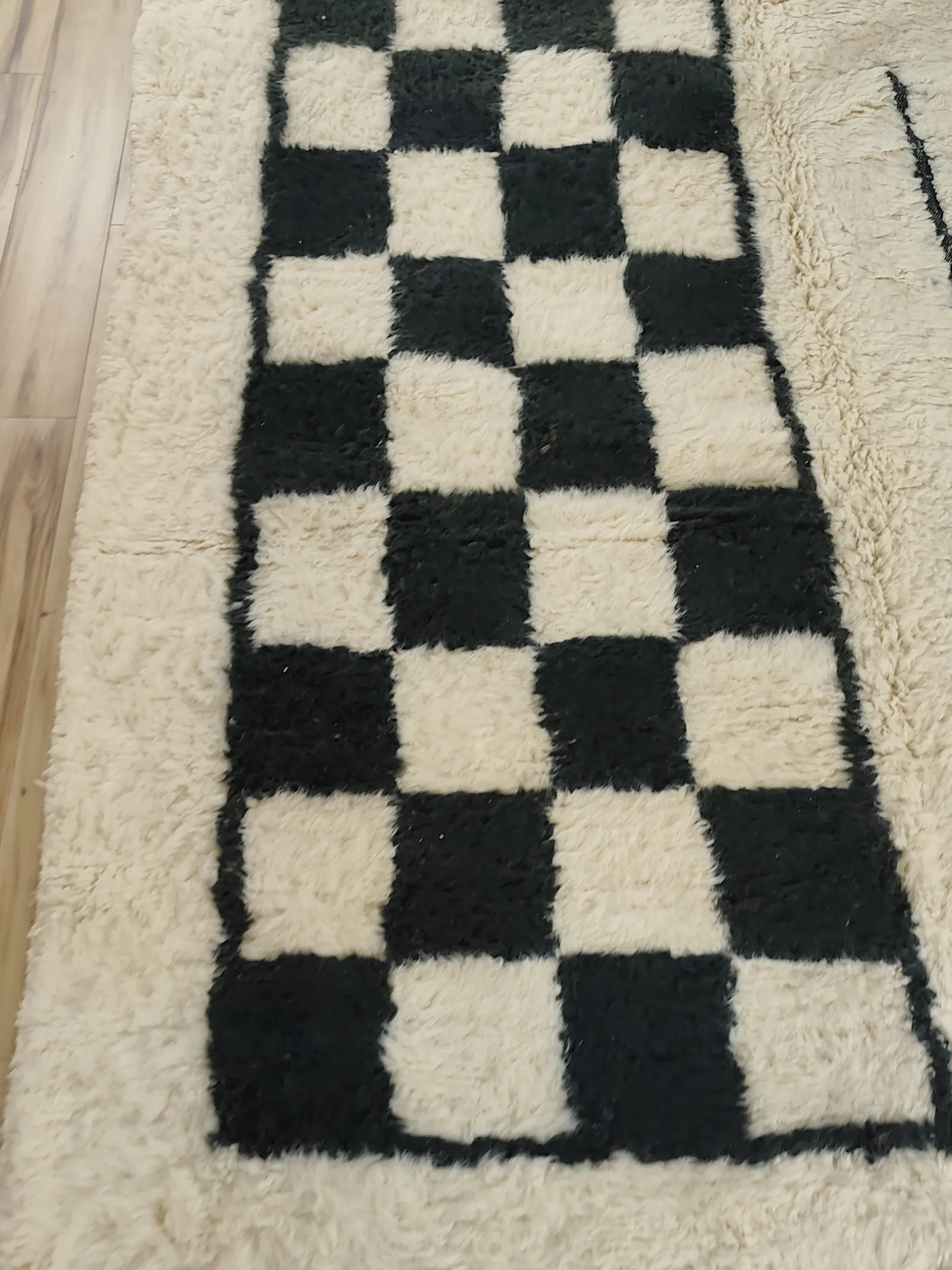 Black and white Moroccan rug with checkerboard field and hand-drawn line art
