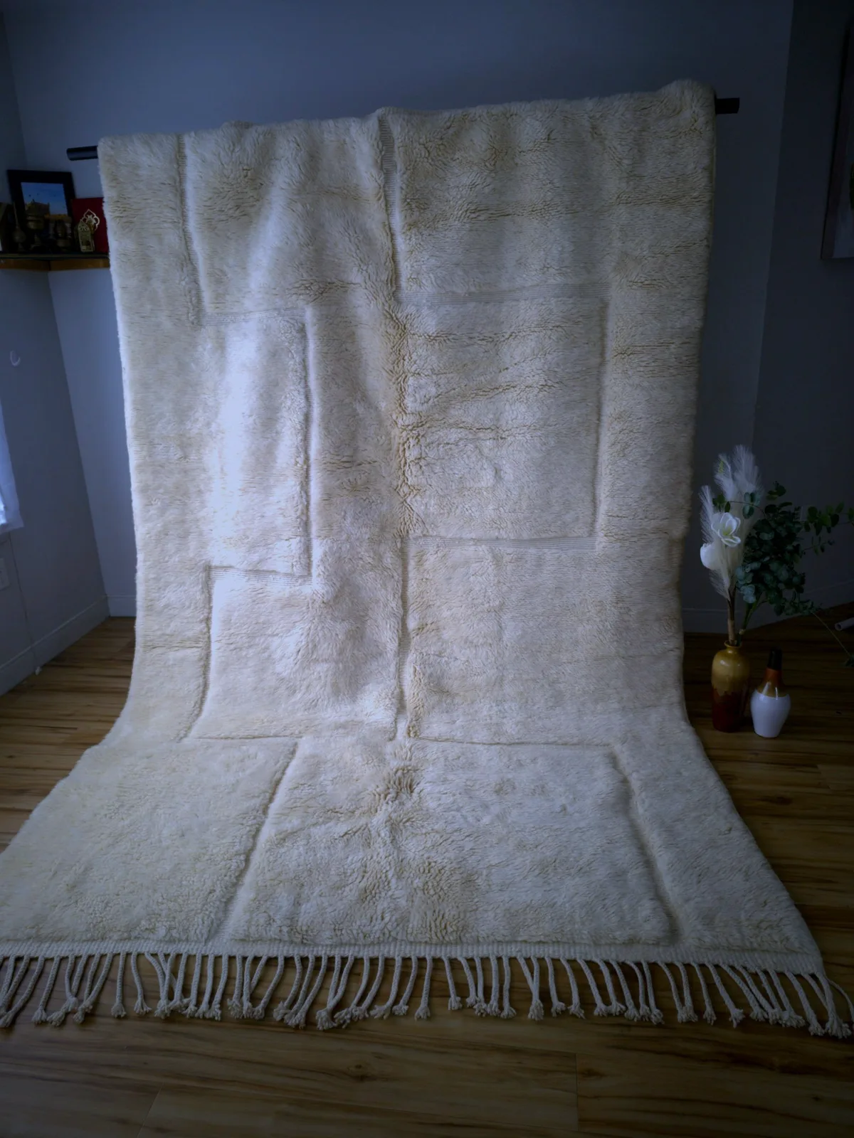 All-ivory Beni Ourain rug with sculpted rectangular panels carved into the pile