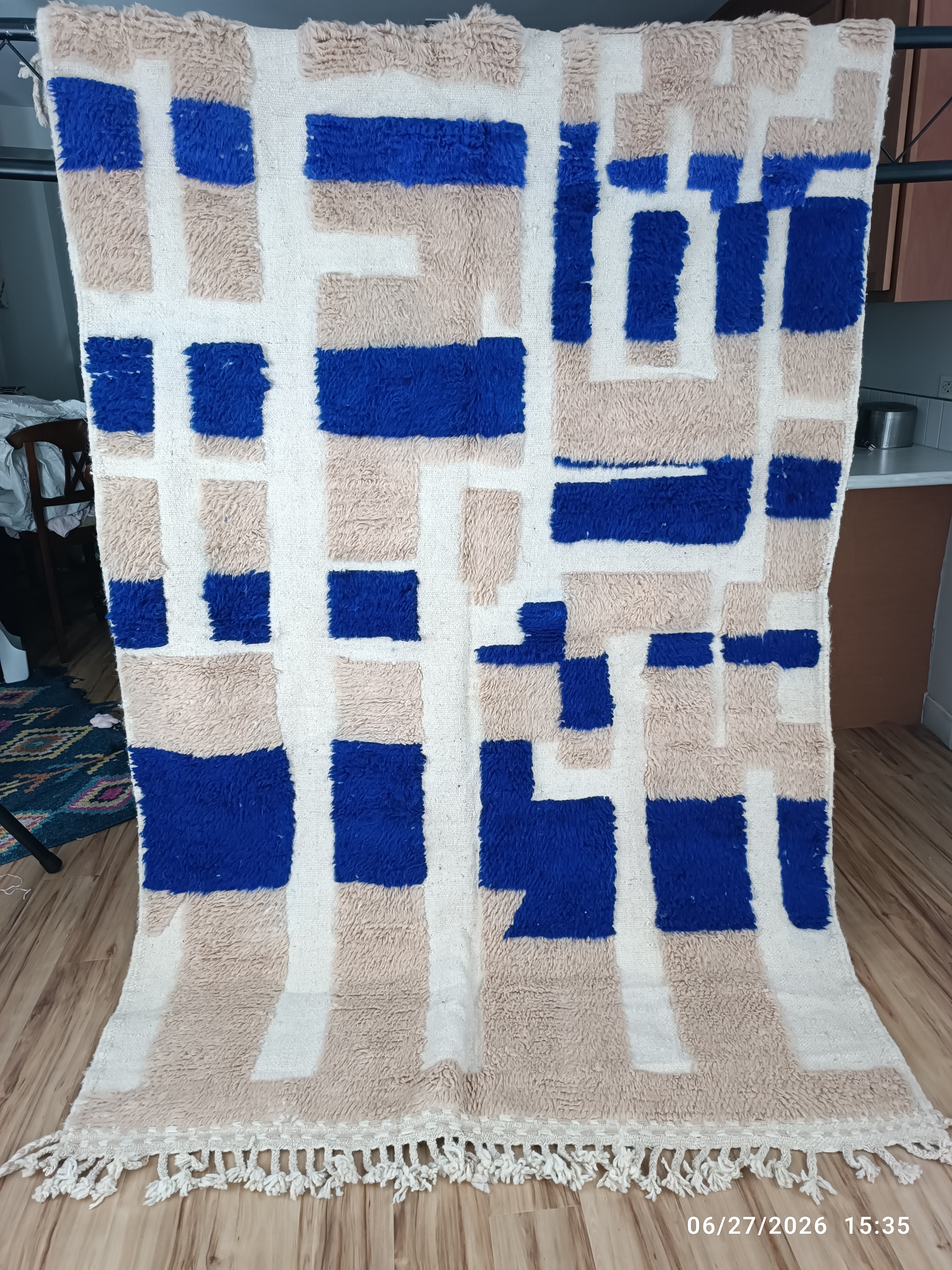 Contemporary cream Moroccan rug with royal blue scattered rectangles
