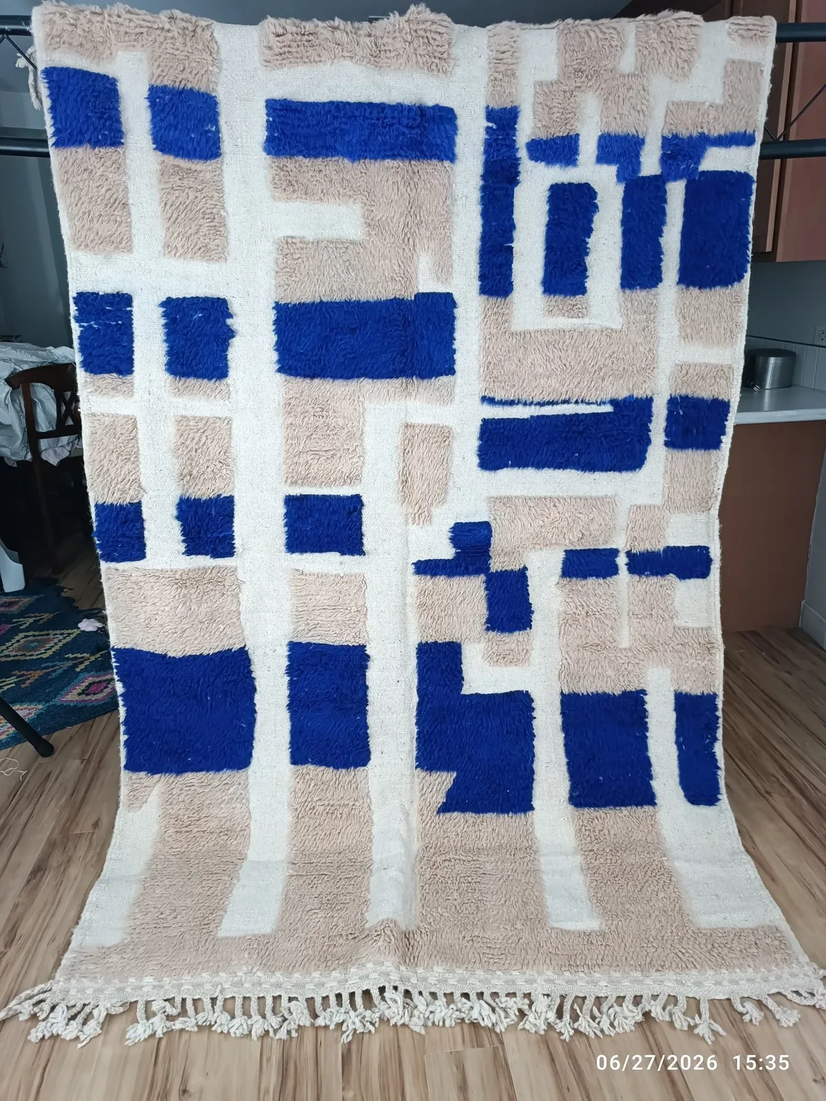 Contemporary cream Moroccan rug with royal blue scattered rectangles