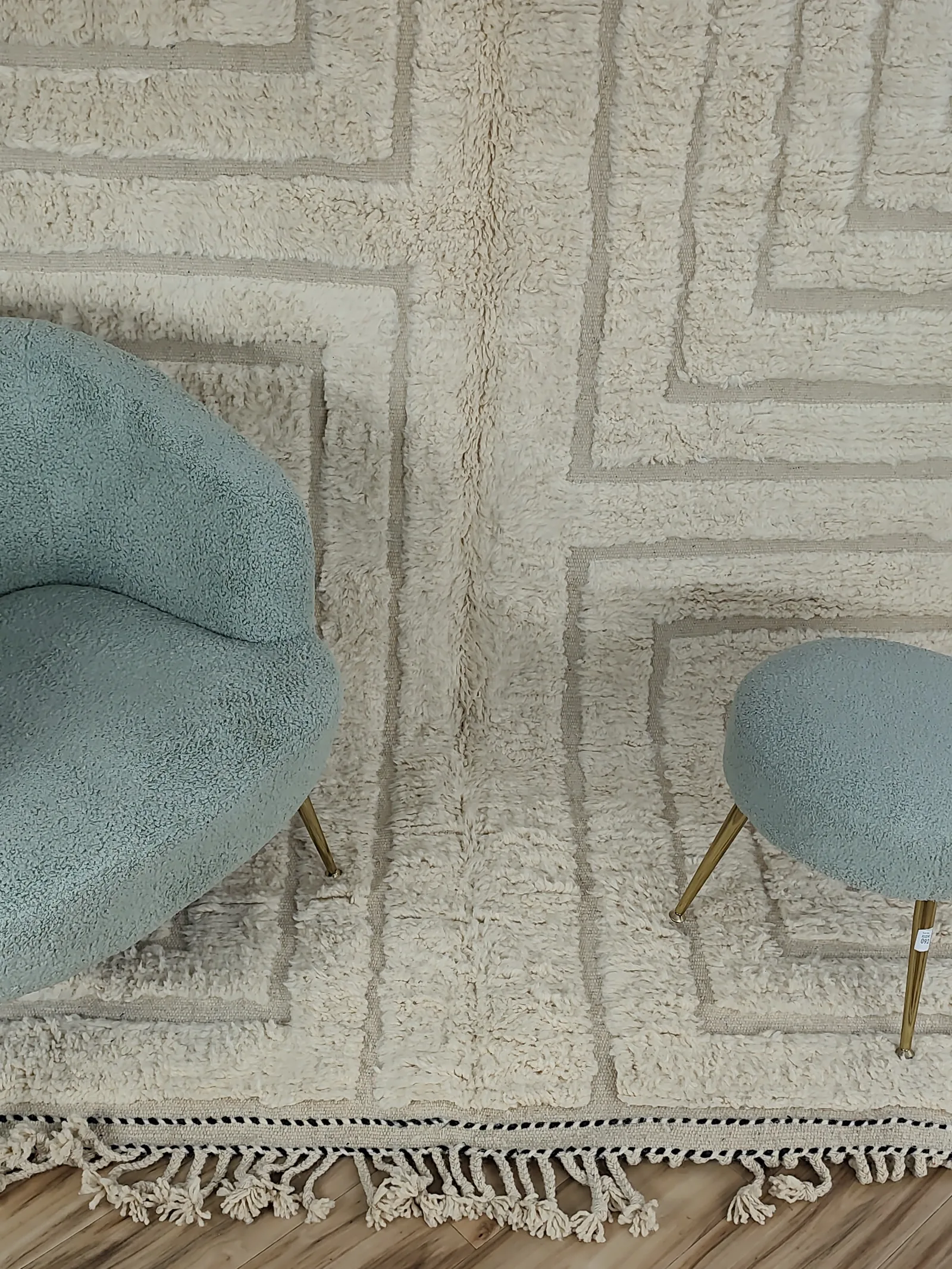 All-ivory carved Moroccan rug with sculpted maze labyrinth pattern