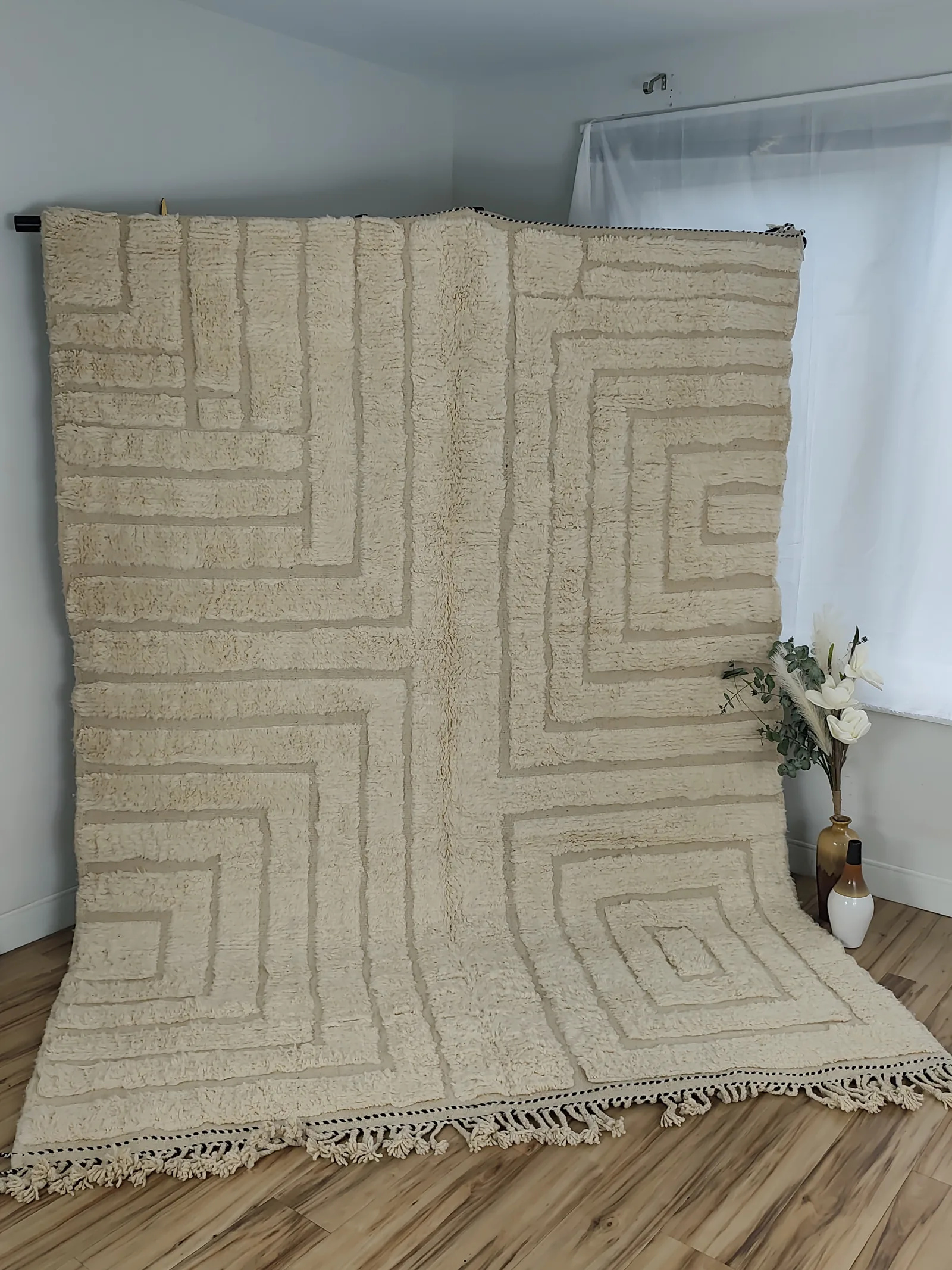 Latifa ivory carved maze Moroccan rug — full labyrinth pattern