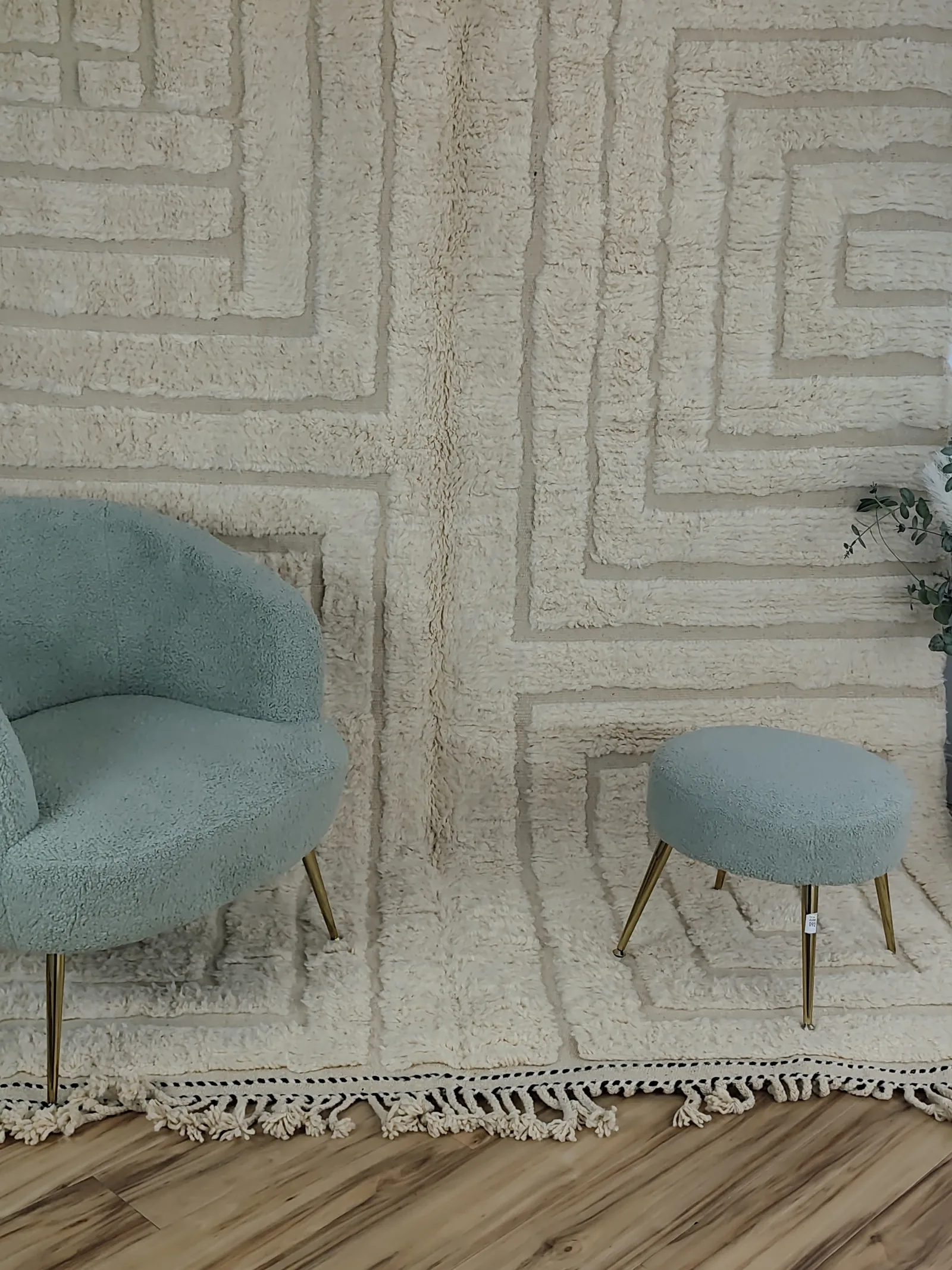 Latifa — a boucle chair and stool standing on the rug, Contemporary Moroccan rug, 271 × 200 cm, view 13 of 21