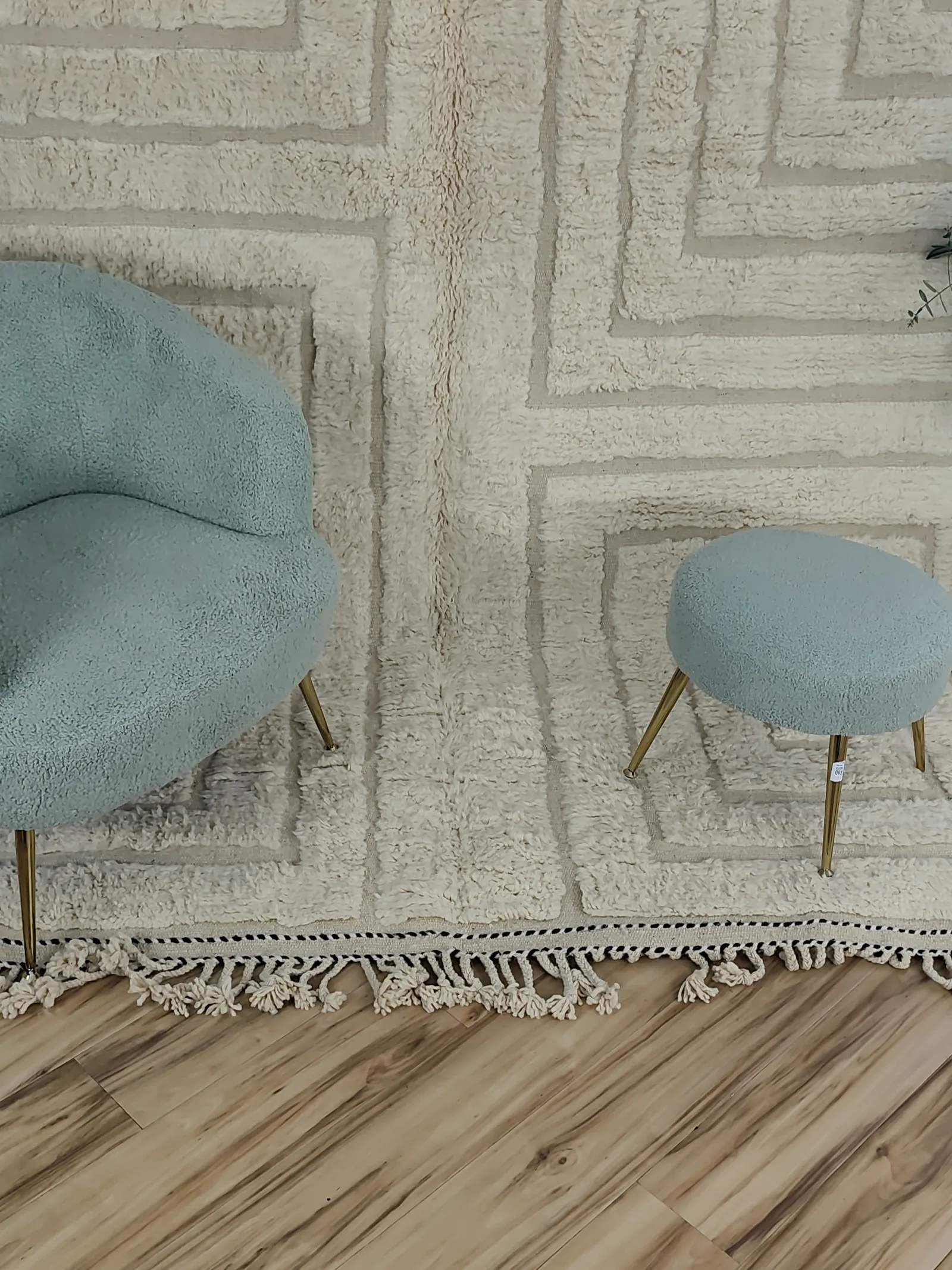 Latifa — a close view of the chair and stool on the maze pile, 271 × 200 cm, hand-knotted wool, view 12 of 21