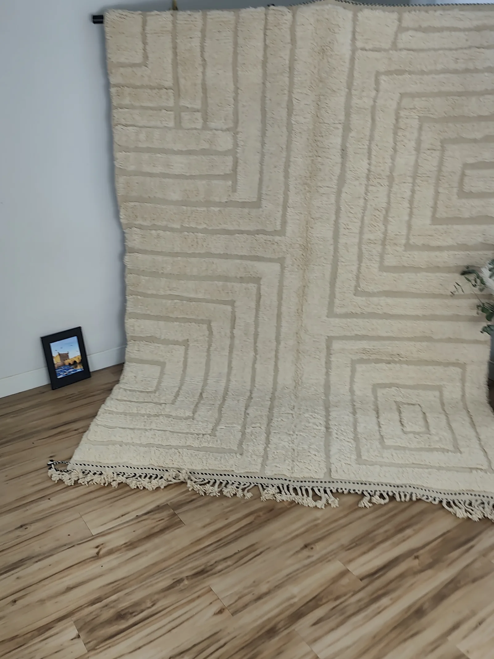 Latifa — hung from a rail, the maze filling the frame, Contemporary Moroccan rug, medium pile, sculptured/carved, 271 × 200 cm, view 10 of 21