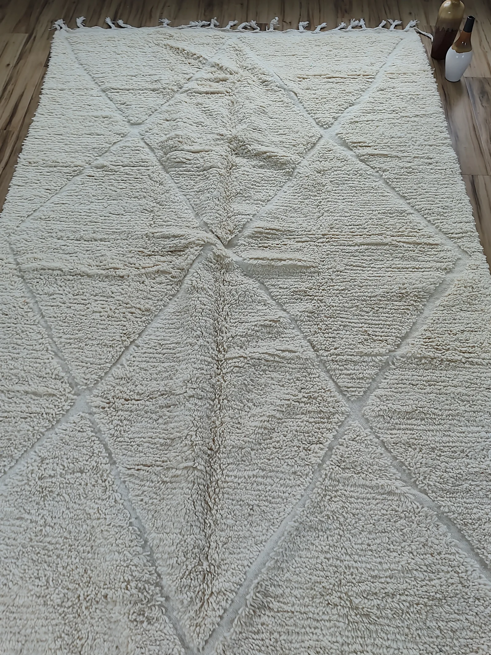 Ivory Beni Ourain rug with a soft tone-on-tone diamond lattice