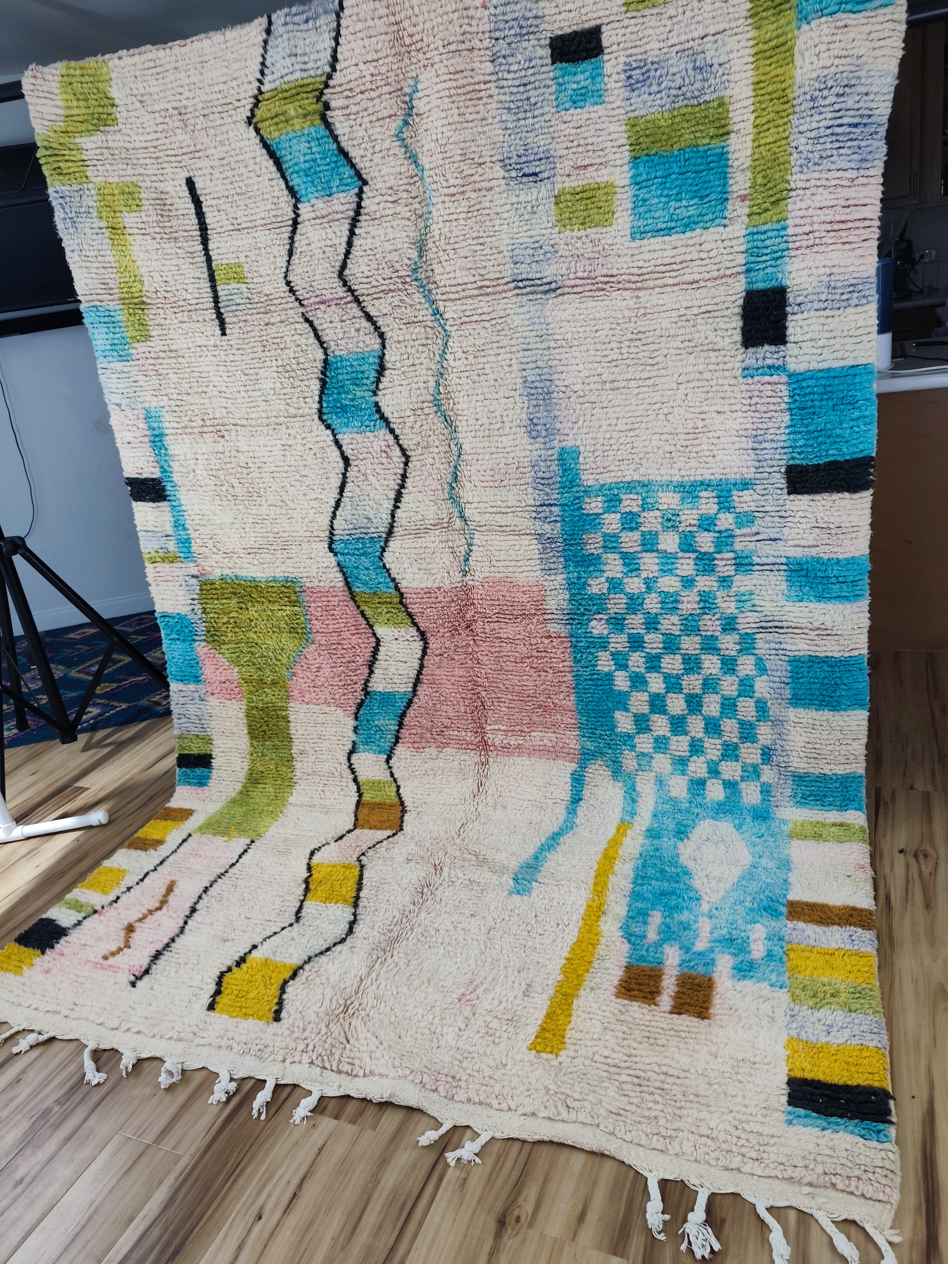 Abstract art Moroccan rug with turquoise, olive, pink and yellow colour blocks on cream
