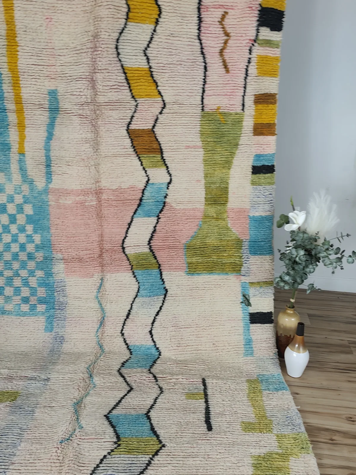 Abstract art Moroccan rug with turquoise, olive, pink and yellow color blocks on cream