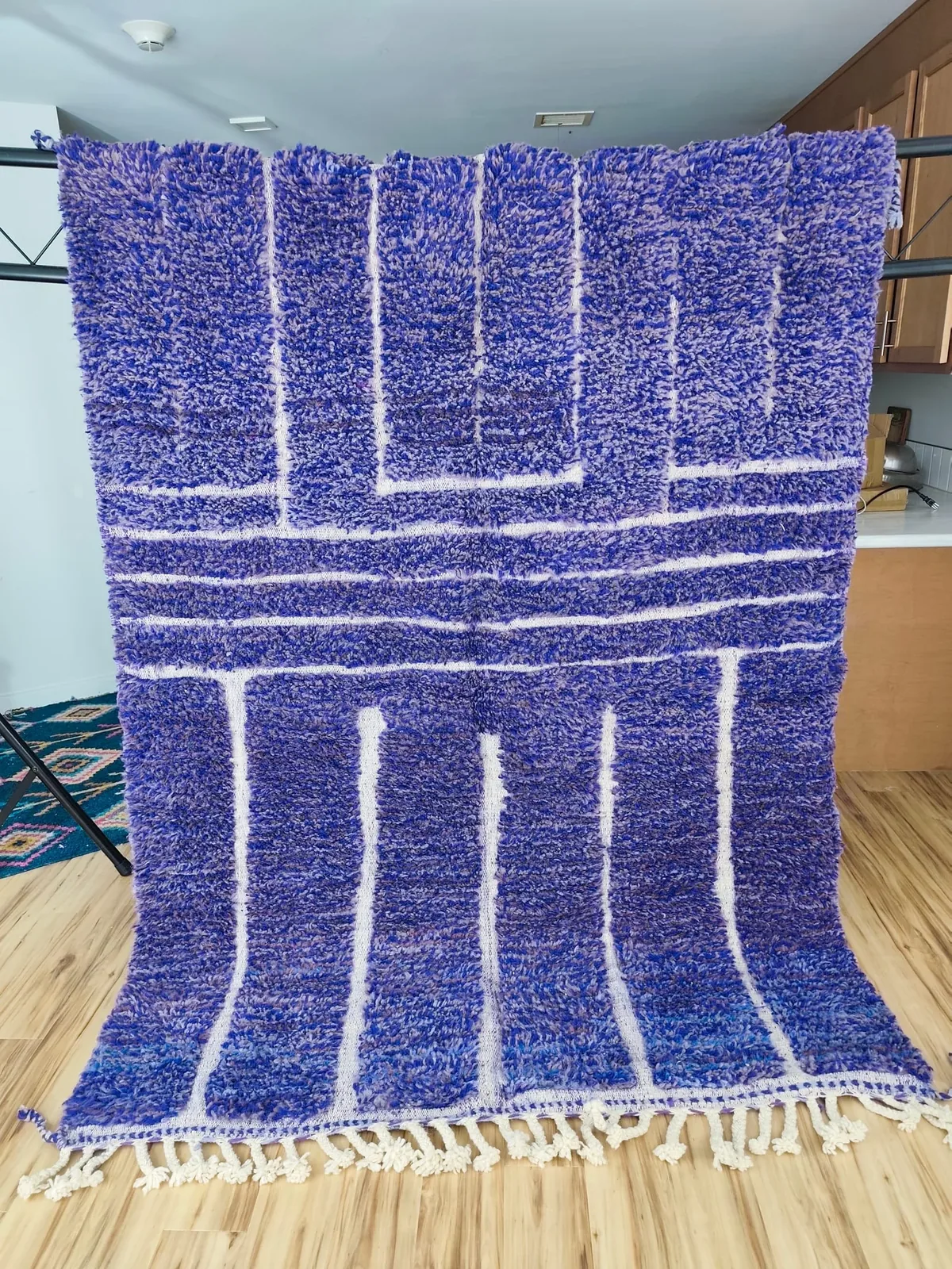 Rich cobalt blue Beni Ourain rug with white rectangular grid motifs