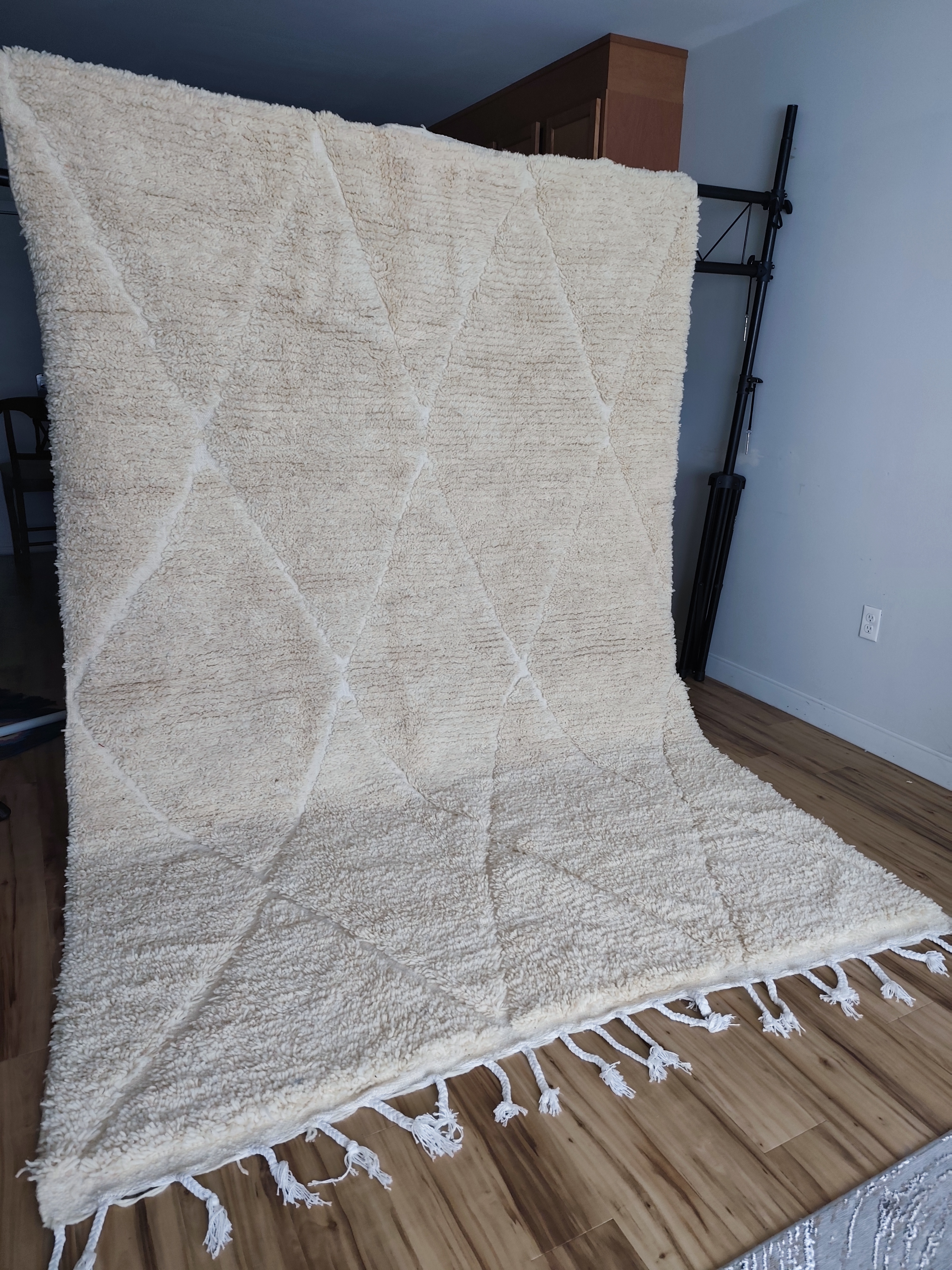 Ivory Beni Ourain rug with classic diamond lattice and long braided tassel fringe, hung in studio