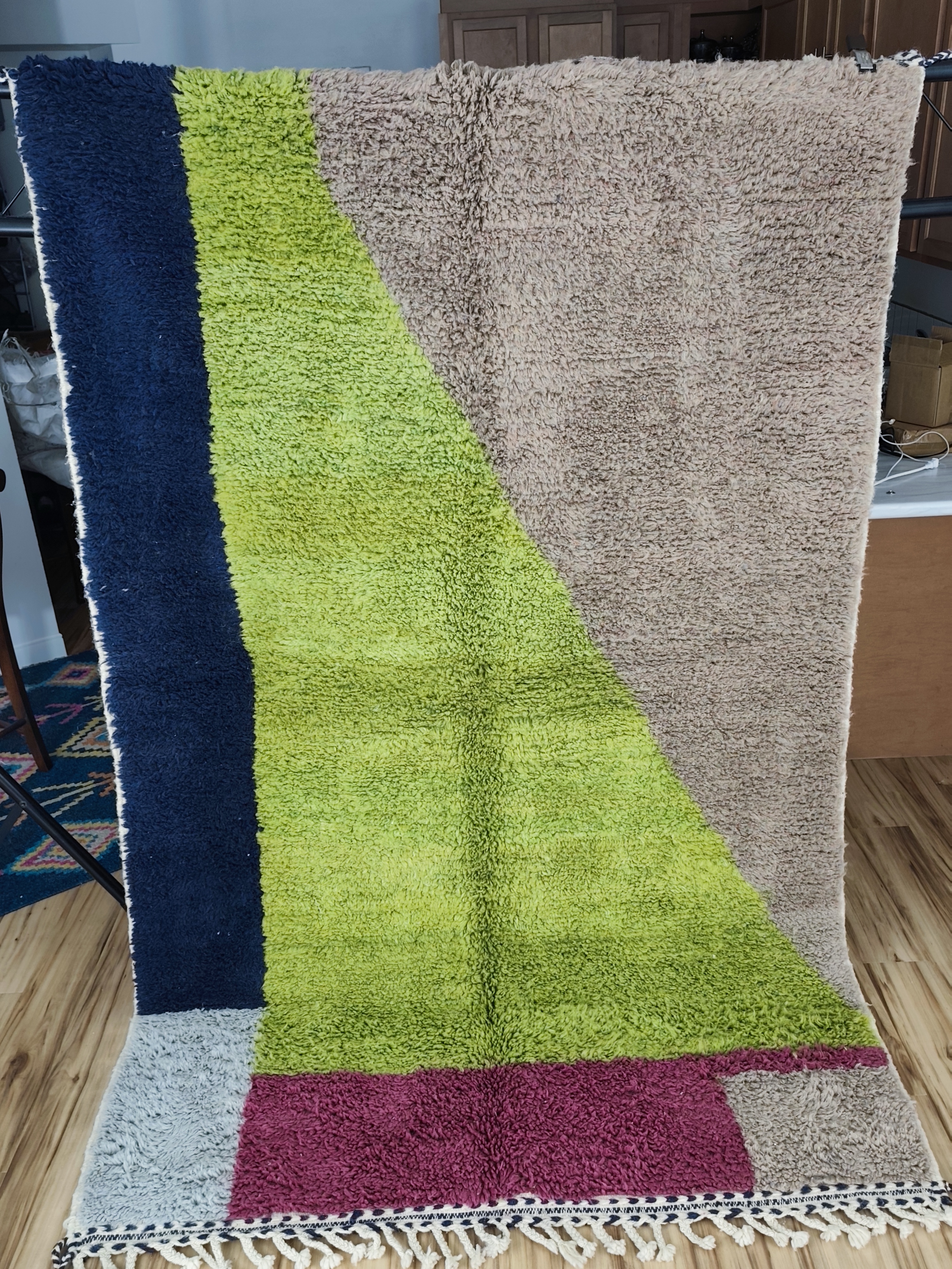 Bold colour-block contemporary Moroccan rug with navy, lime green, pink and taupe
