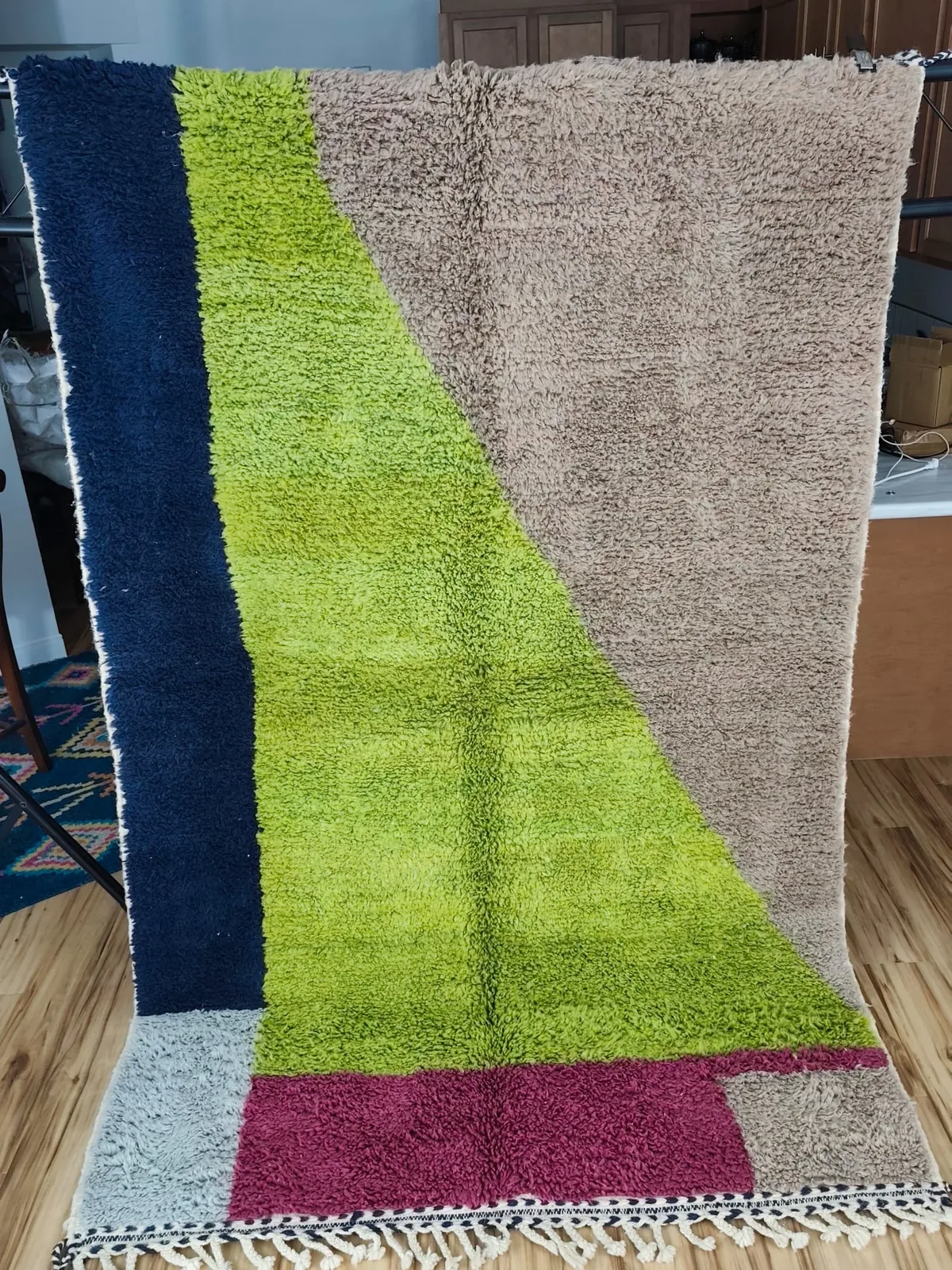 Bold color-block contemporary Moroccan rug with navy, lime green, pink and taupe