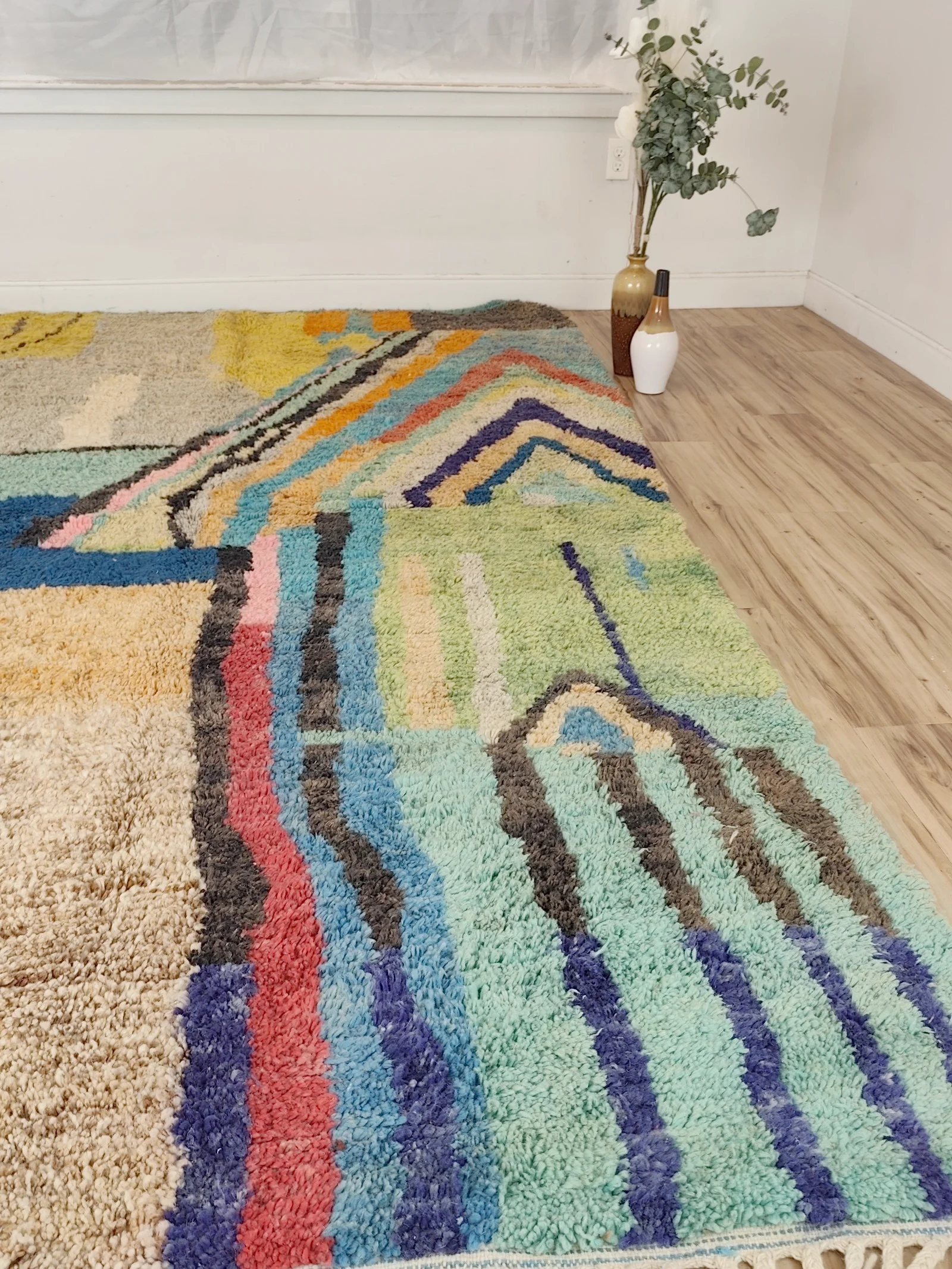 Soukaina — the whole rug on the floor, seen down its length, 323 × 178 cm Boujaad Moroccan rug in teal, blush and mustard, view 2 of 20