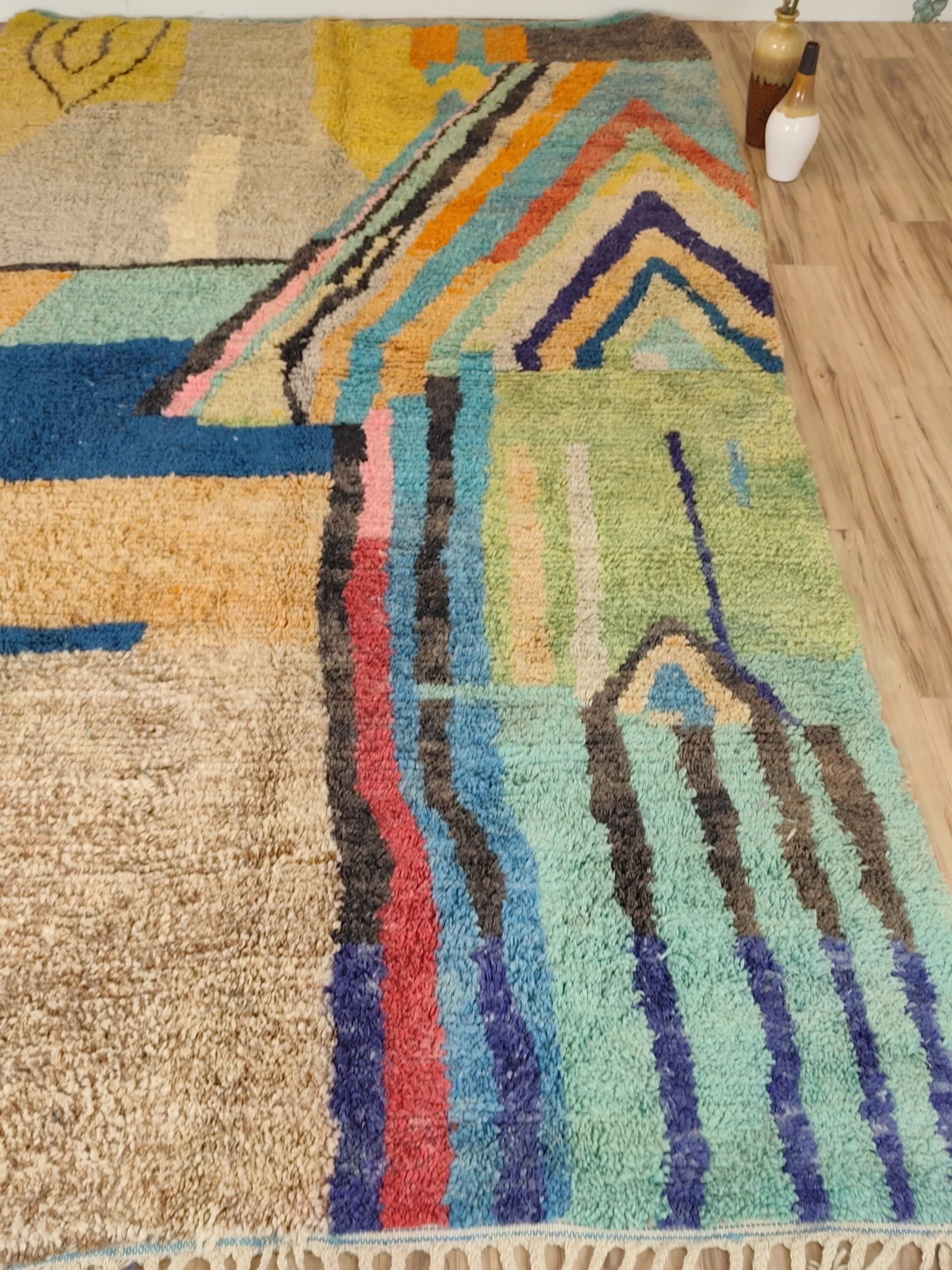 Soukaina — a close view of the chevrons and coloured stripes, hand-knotted wool, high pile, view 4 of 20