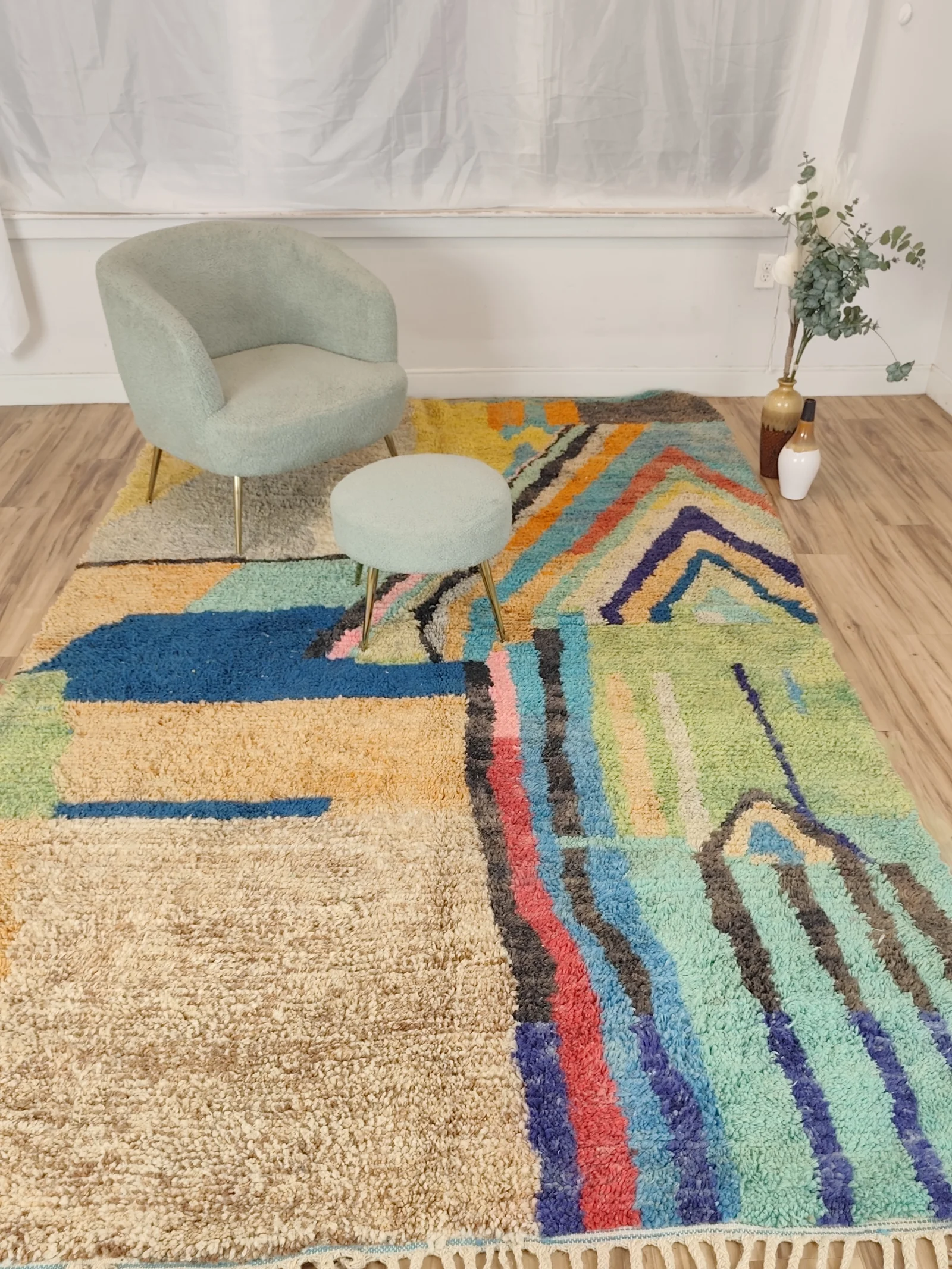 Soukaina — on the floor with a chair and stool, seen wide, Boujaad Moroccan rug, high pile, 323 × 178 cm, view 7 of 20