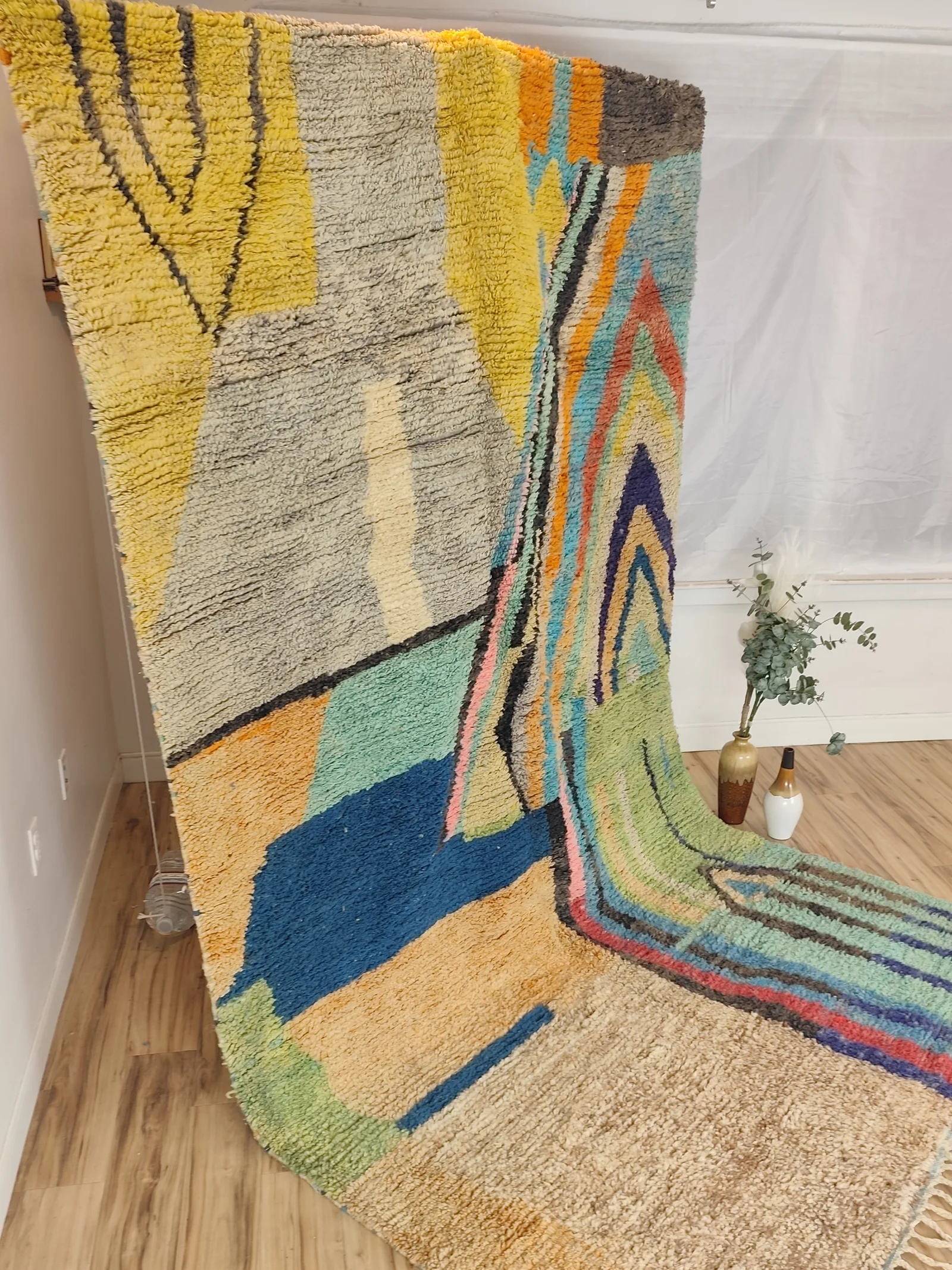Soukaina — hung from a rail, the whole abstract field visible, hand-knotted wool in teal, blush and mustard, view 11 of 20