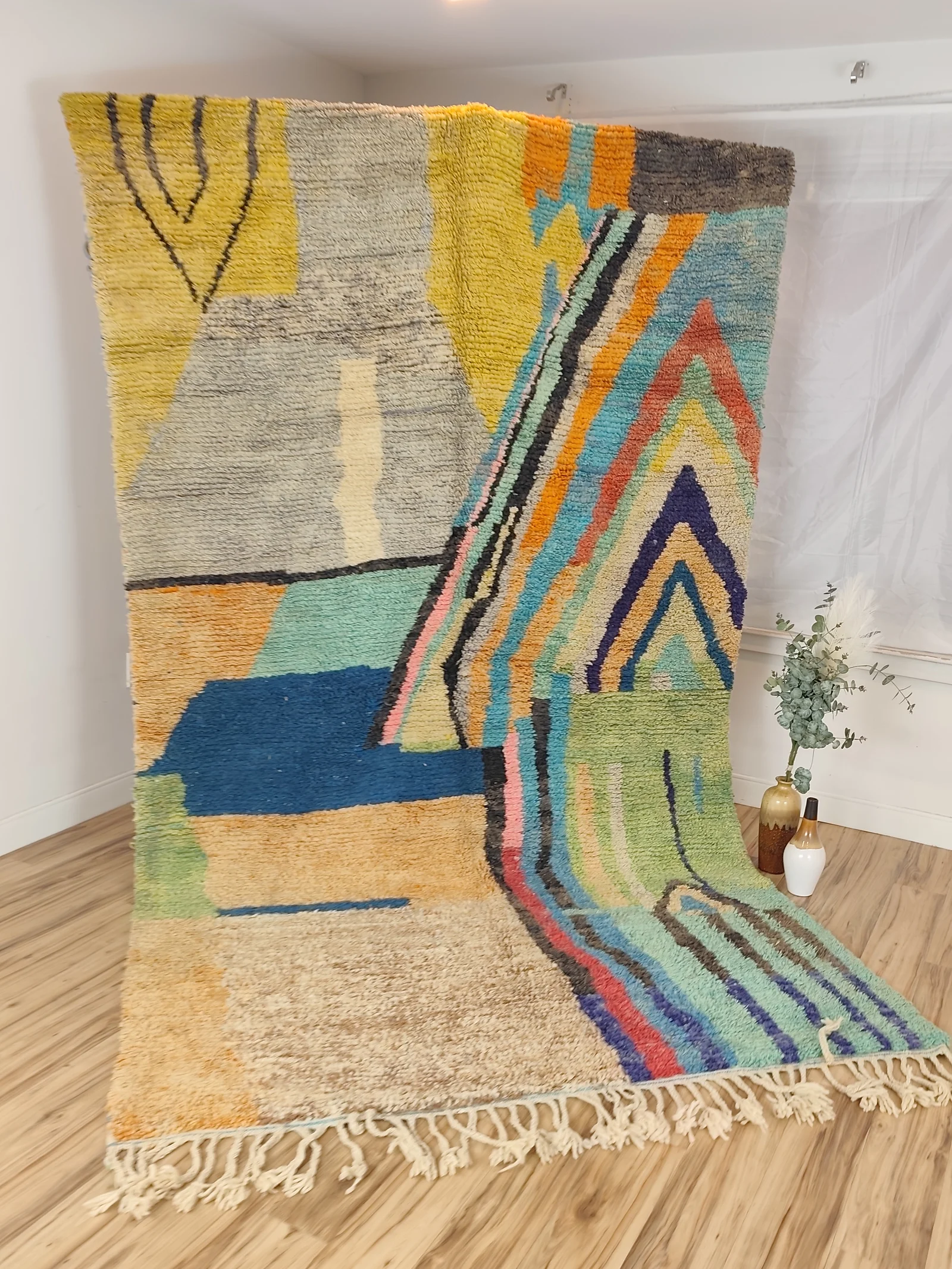 Soukaina — hung from a rail, fringe pooling on the floor, modern and painterly, unlike any other piece, 323 × 178 cm, view 14 of 20