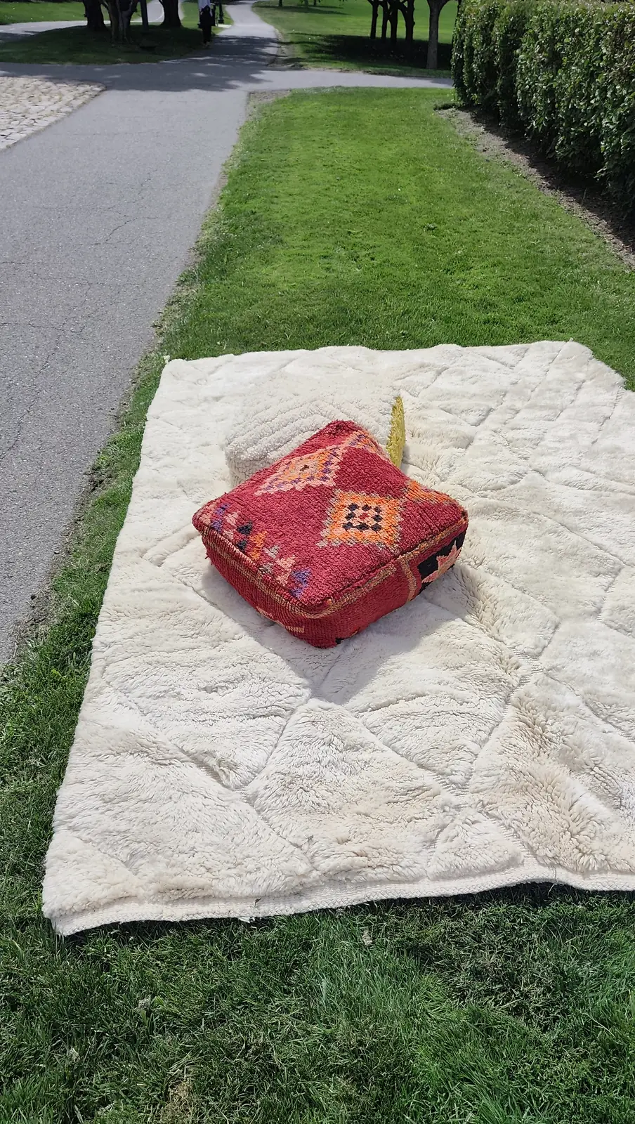 Tafsut — laid flat on the grass with a red kilim pouf and a mustard pouf resting on it, giving a sense of the scale, view 2 of 18