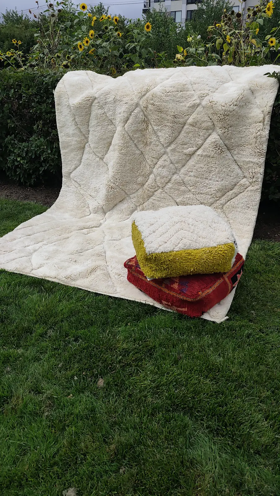 Tafsut — draped tall against the hedge, the diamond lattice running up the face of the rug, view 6 of 18