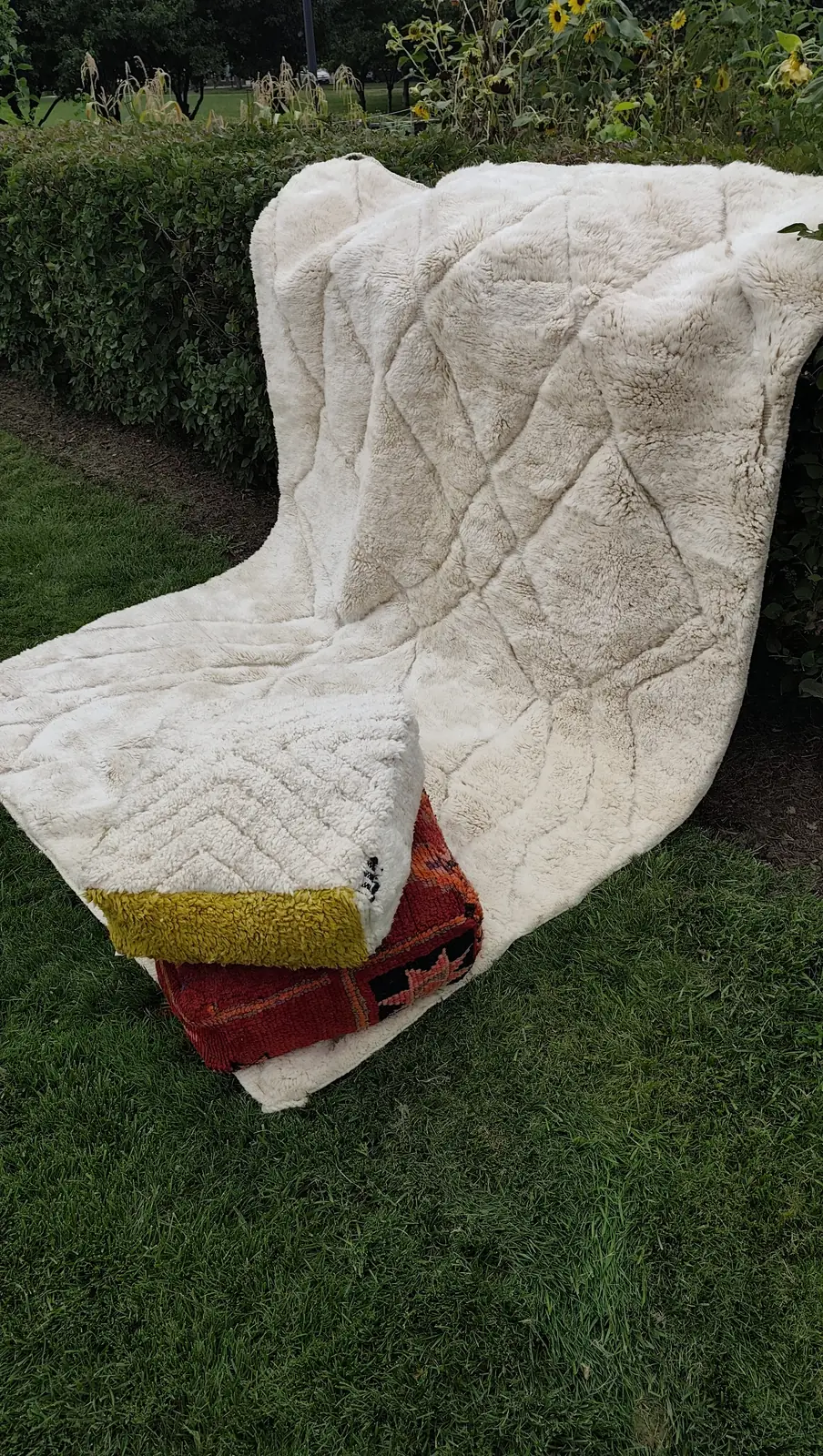 Tafsut — the drape with both poufs at its base, the rug's full height against the hedge, view 13 of 18