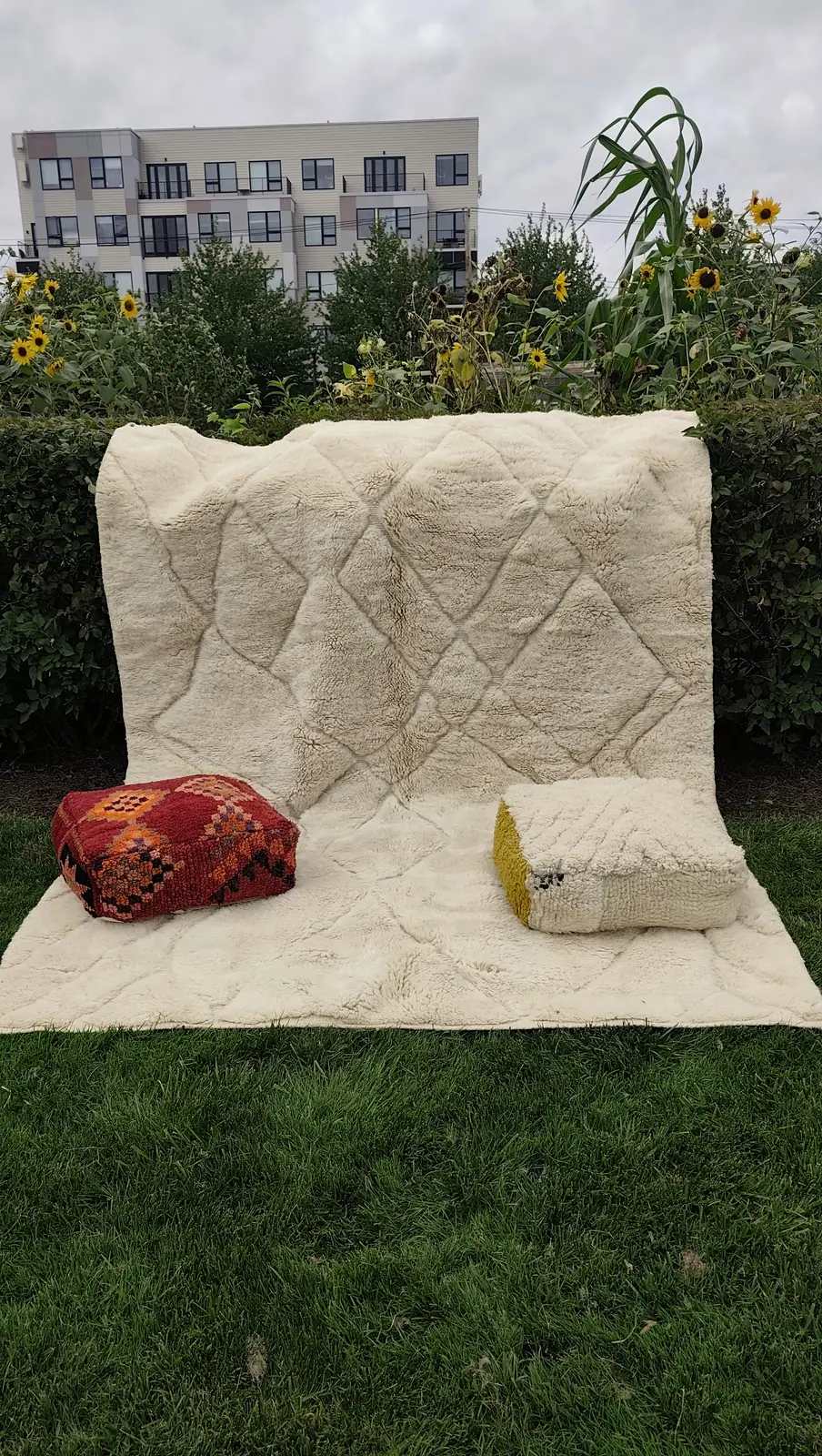 Tafsut — an angled view of the hanging rug, the fringe just reaching the grass, view 14 of 18
