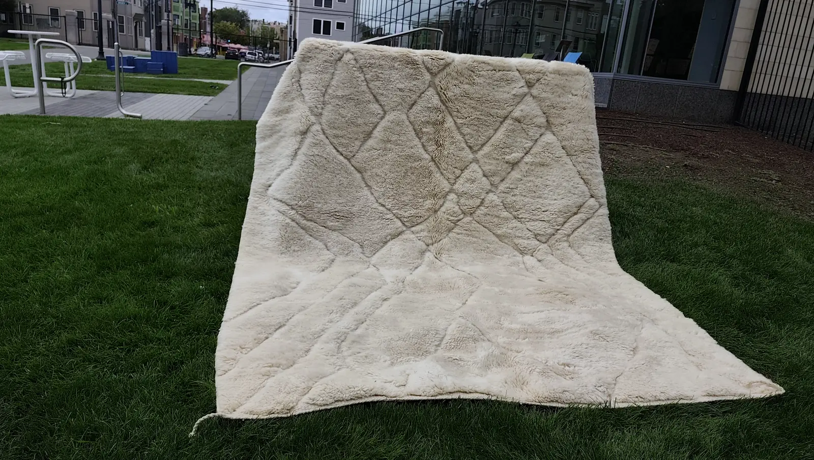 Tafsut — shown at a second location against glass and brickwork, the rug spread on grass, view 17 of 18
