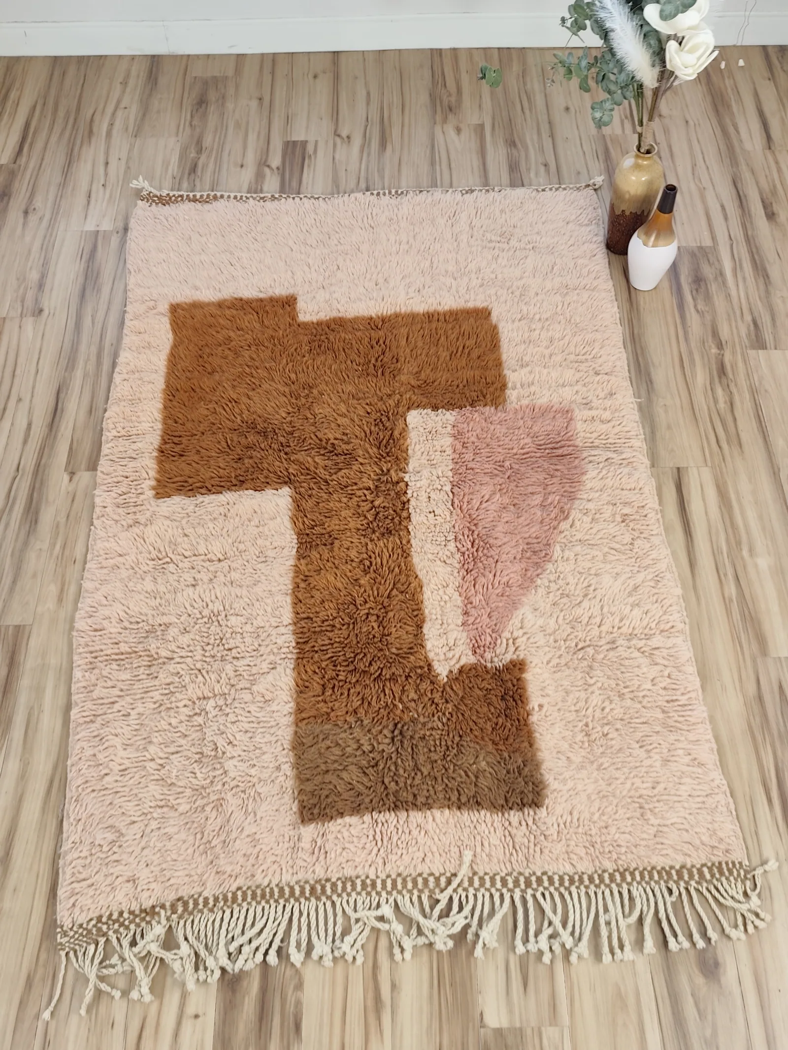 Blush pink Moroccan rug with abstract chocolate and dusty rose colour block