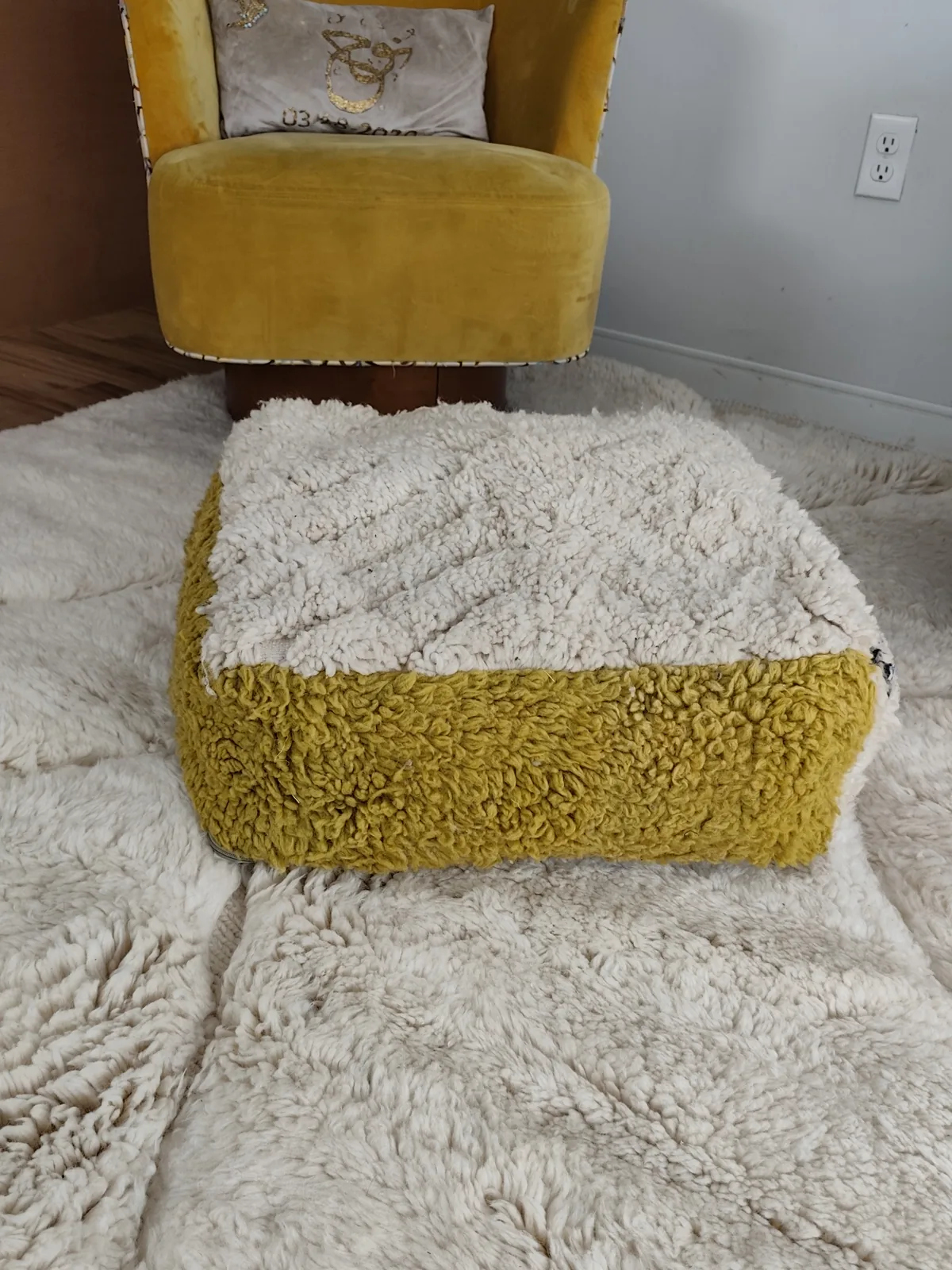 Ayour — mustard & ivory beni ourain pouf, angled view showing the depth of the pile, view 2 of 7