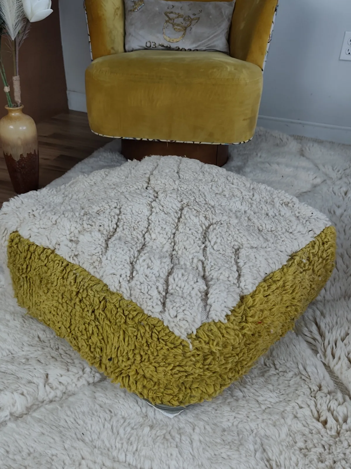 Ayour — mustard & ivory beni ourain pouf, top face seen from above, view 3 of 7